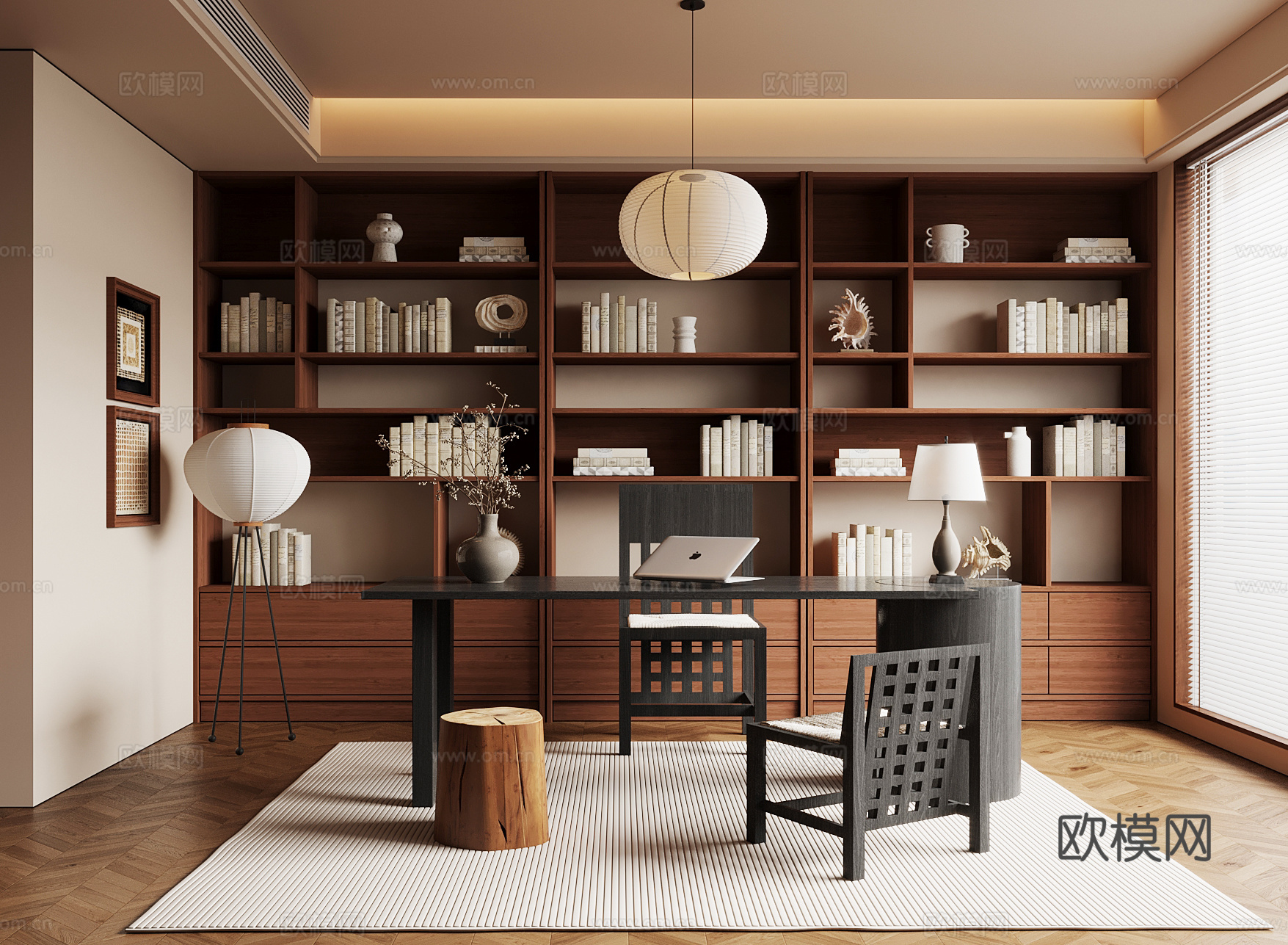 中古风书房 书桌椅 书柜su模型