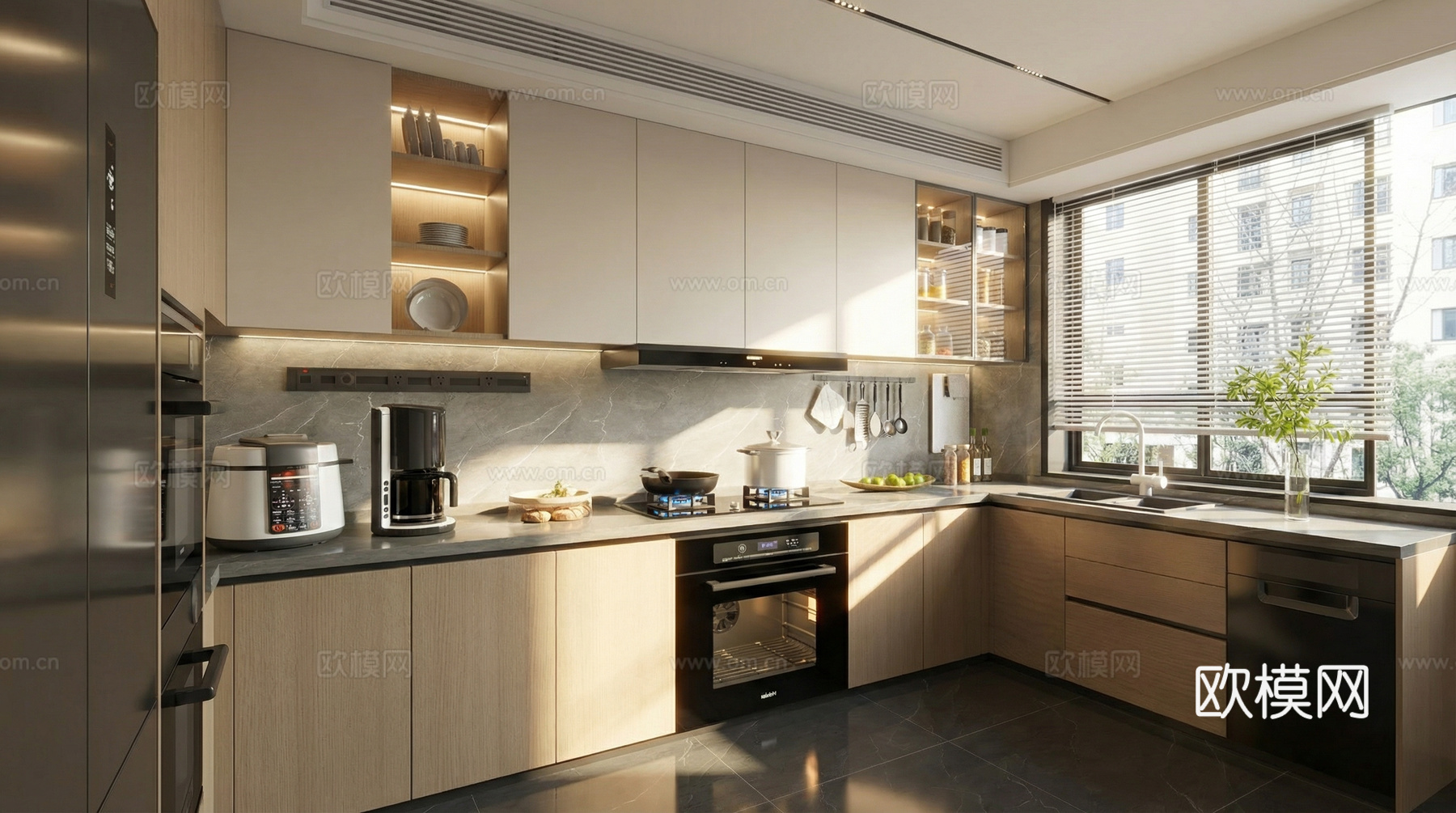 现代意式封闭式厨房 厨具 厨房用品 冰箱 厨房电器 橱柜su模型