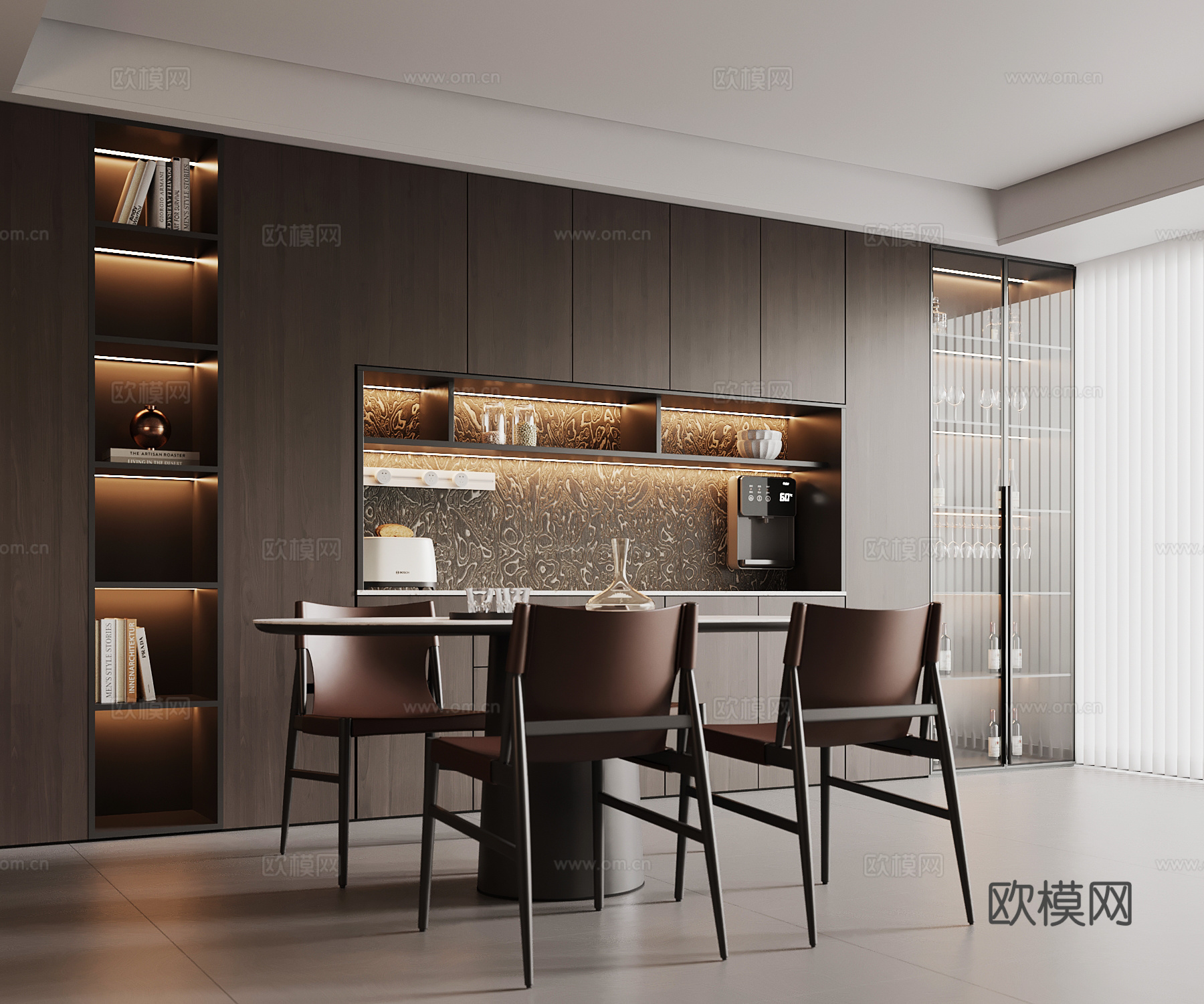 现代意式餐厅 餐桌椅 餐边柜su模型