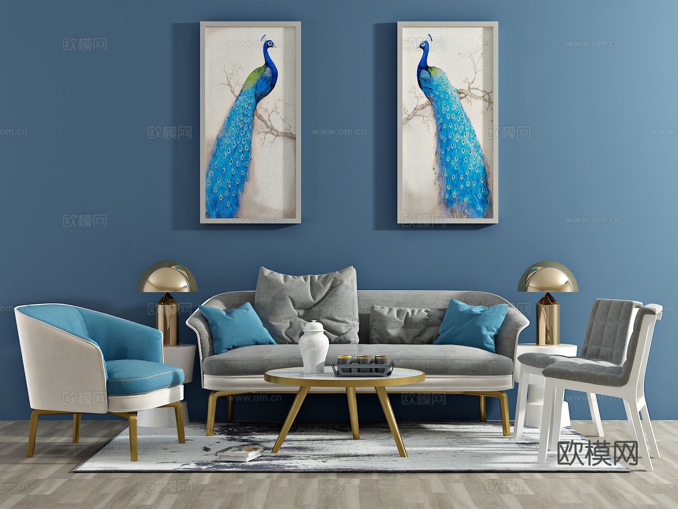 北欧沙发 茶几 单椅 装饰画3d模型