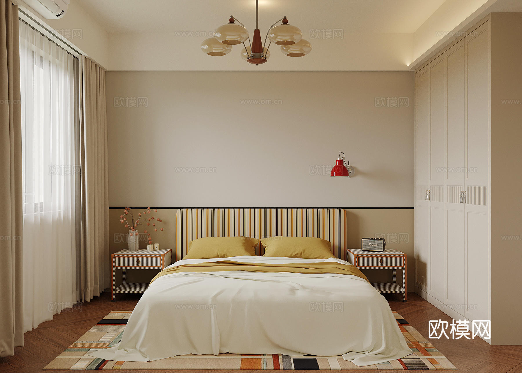 中古风卧室 双人床su模型