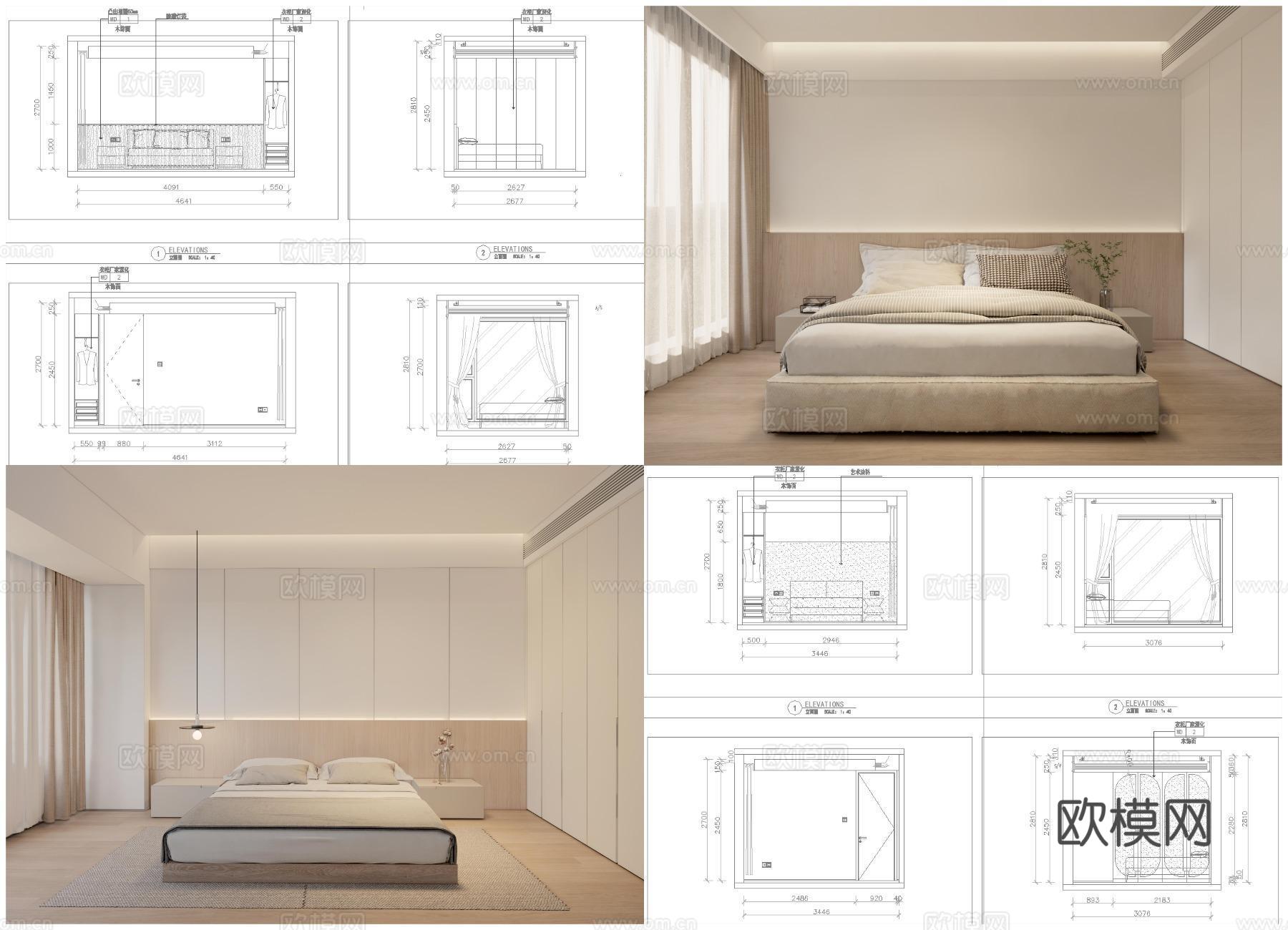 2套奶油风样板间 最新全套 效果图 施工图设计cad施工图