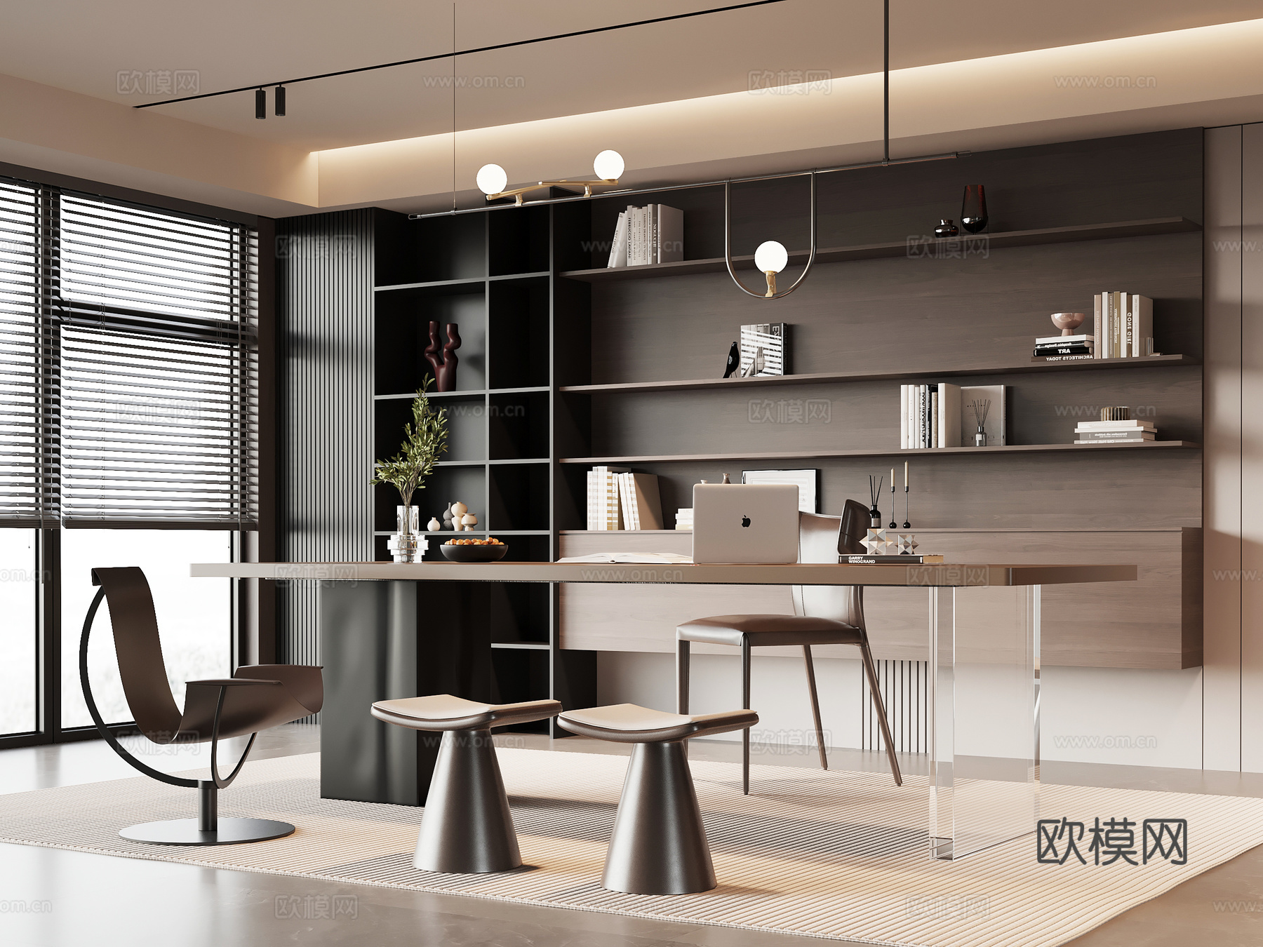 现代意式书房 书桌椅 书柜su模型