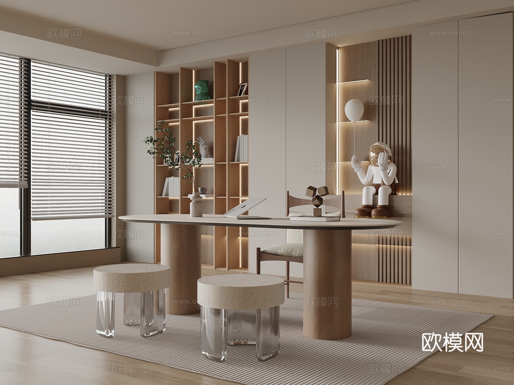 奶油风书房 书桌椅 书柜su模型