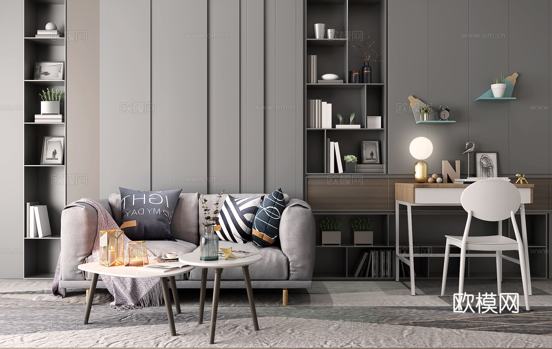 北欧书桌椅沙发茶几饰品组合3d模型