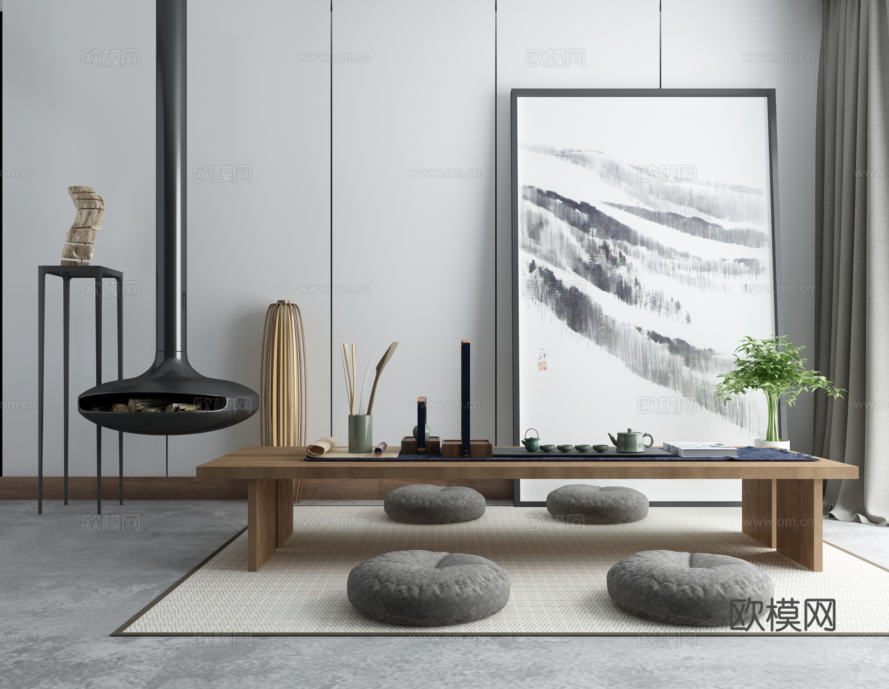 禅意中式茶室茶桌椅组合工业壁炉中式挂画3d模型下载（渲染图2）
