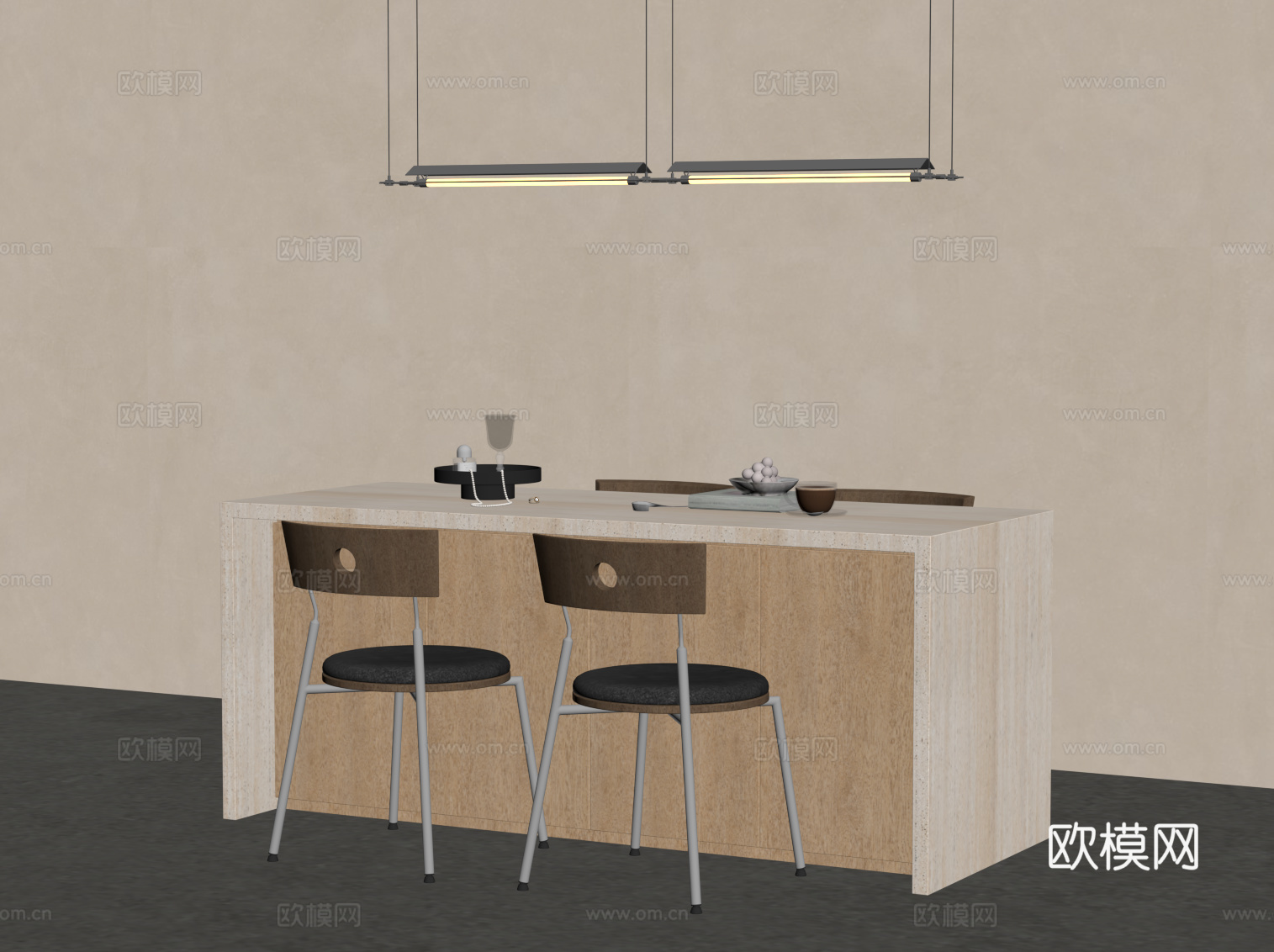中古风中岛台 餐桌椅su模型