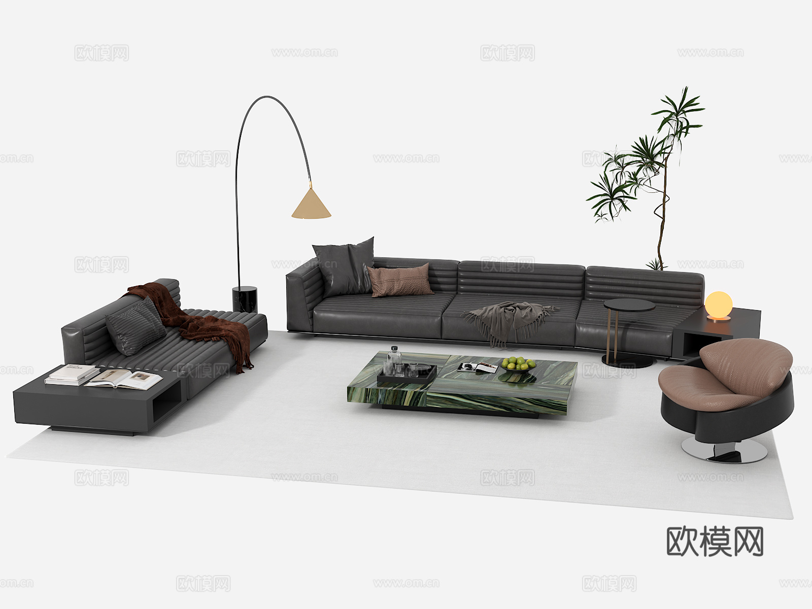 现代皮革沙发茶几组合3d模型下载