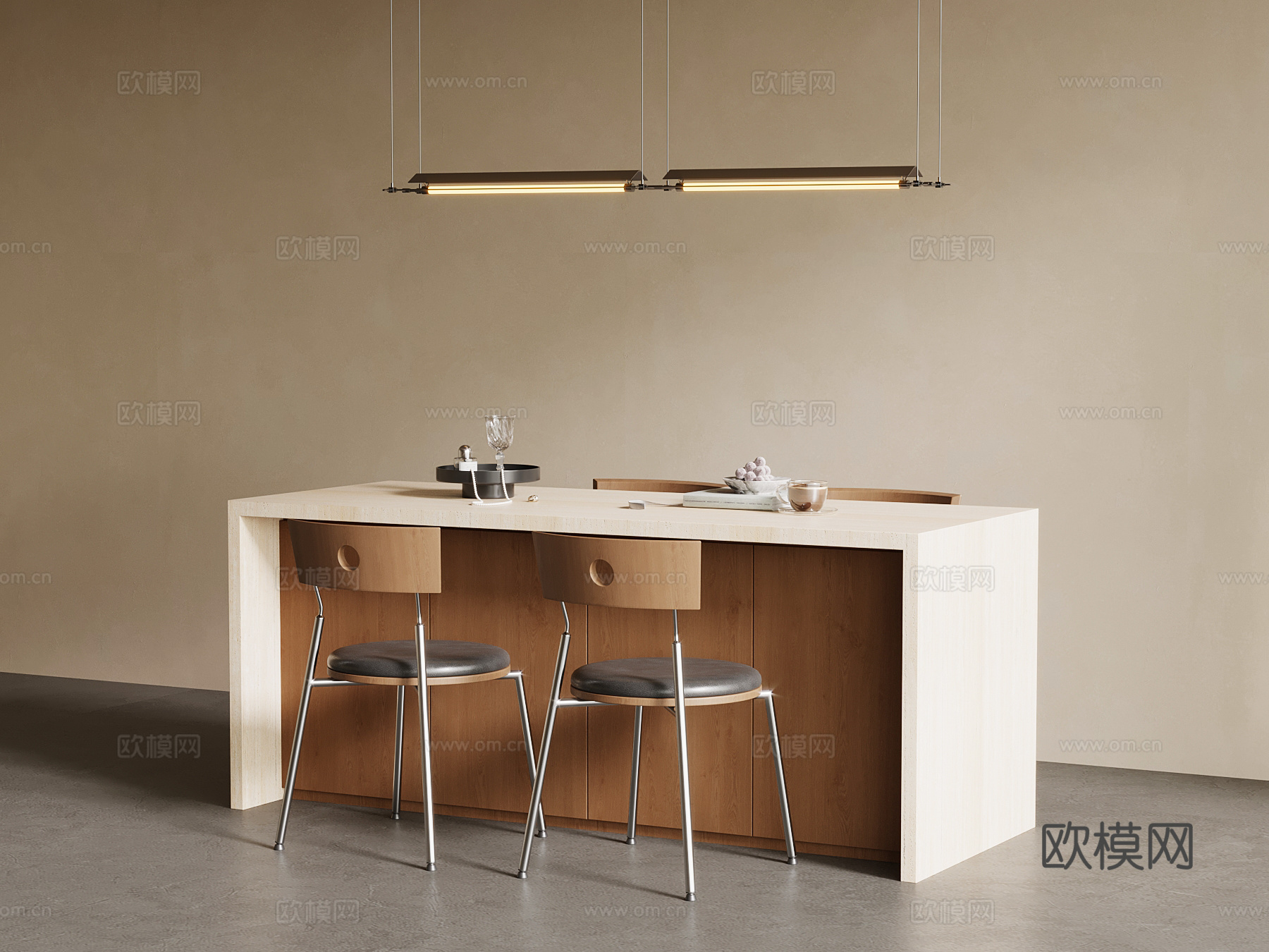 中古风中岛台 餐桌椅su模型
