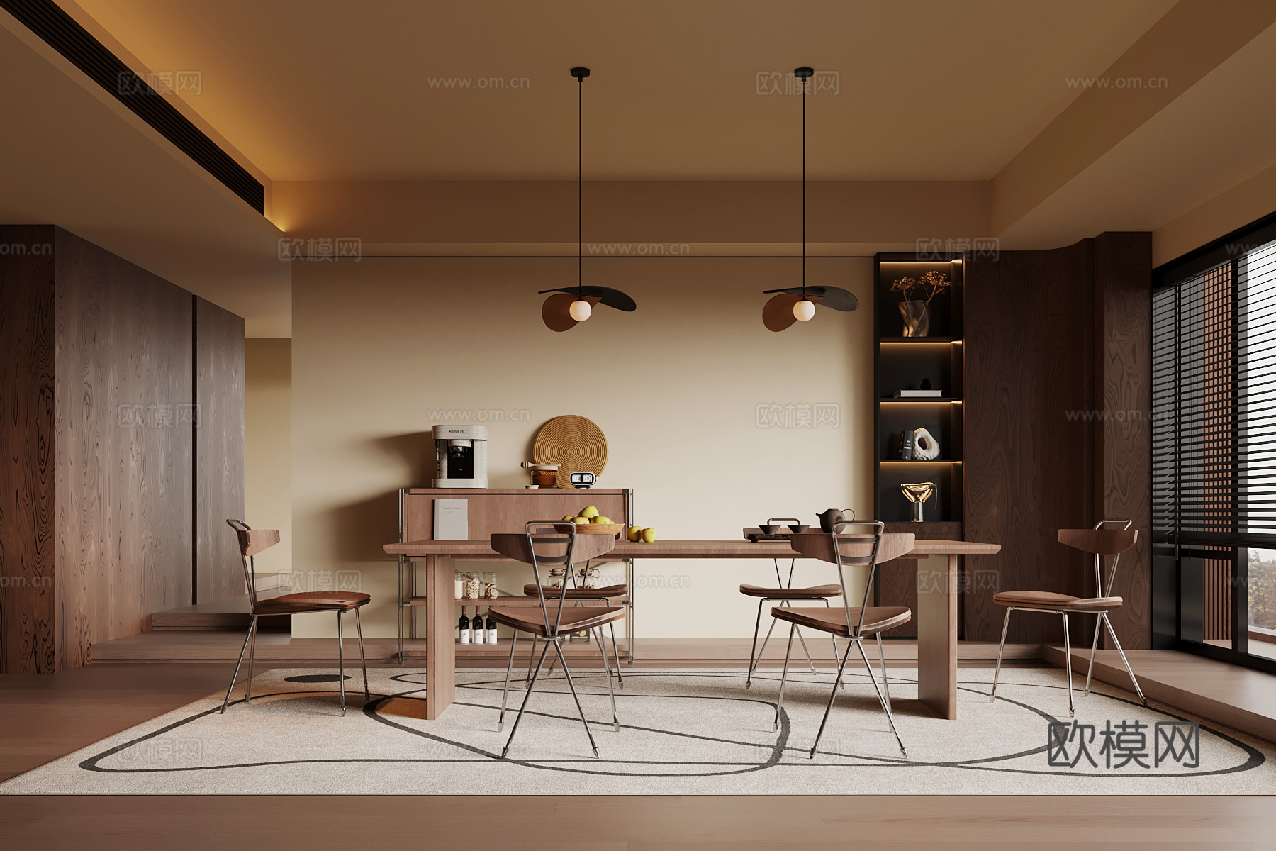 中古风餐厅 餐边柜 餐桌椅su模型