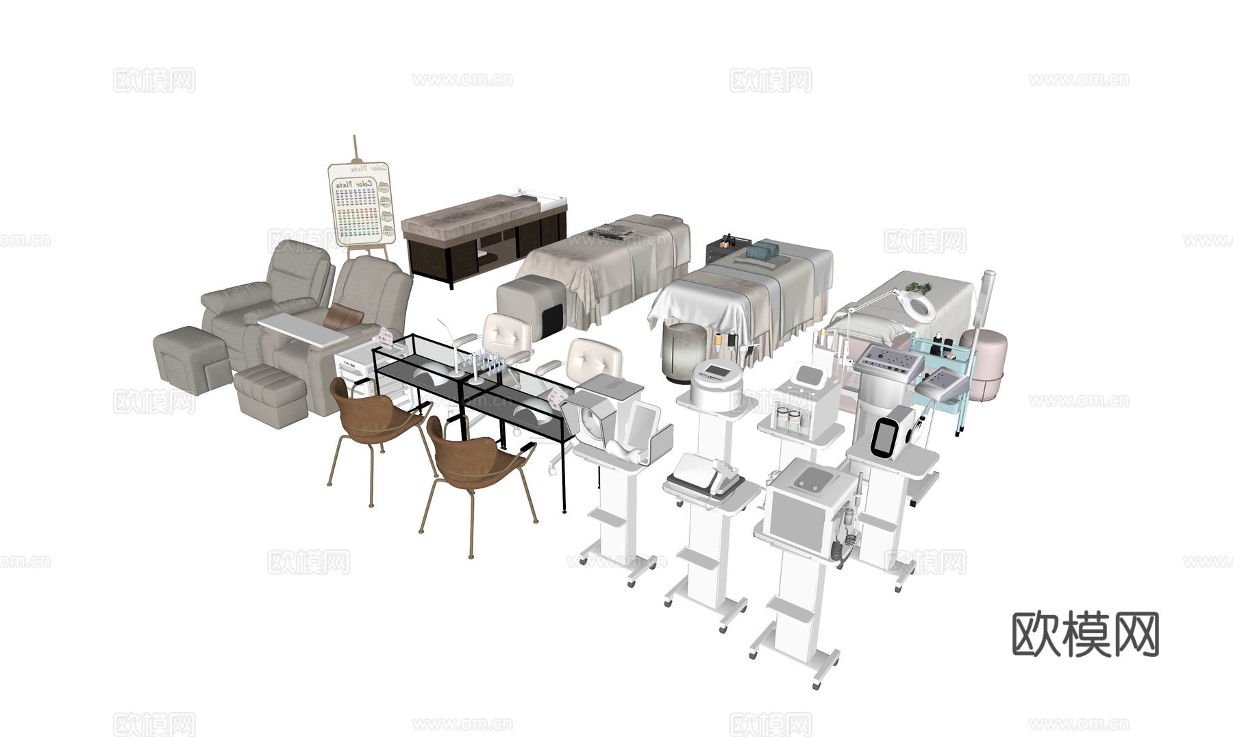 现代美容院 美容床 理发椅 美容仪器 美甲桌椅su模型