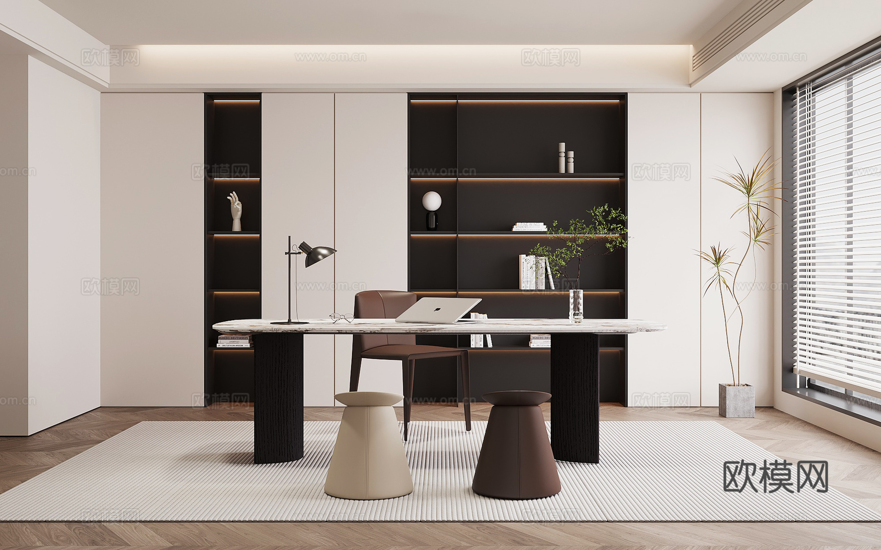 现代意式书房 书桌椅 书柜su模型
