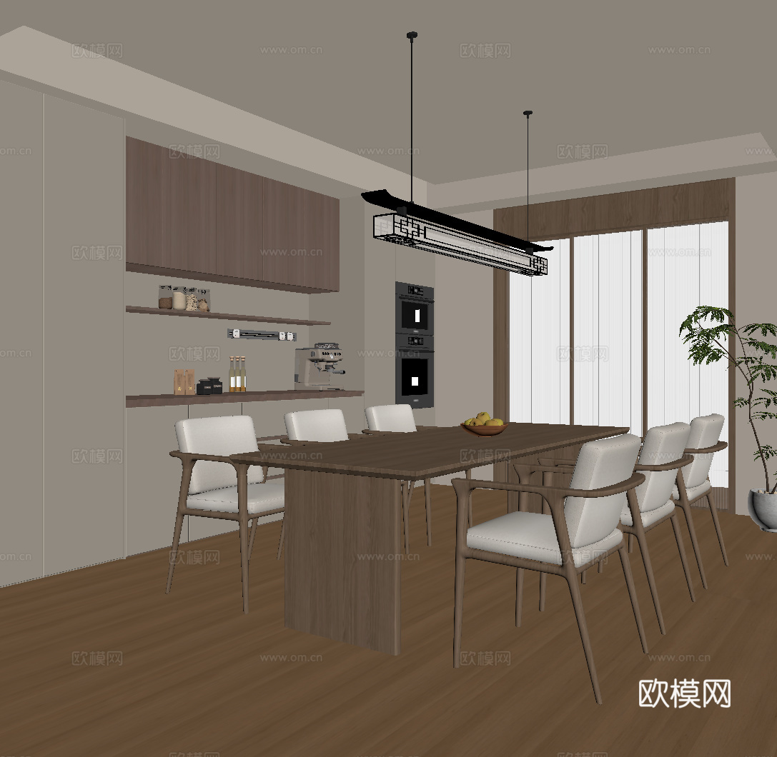 新中式餐厅 岛台 餐柜su模型