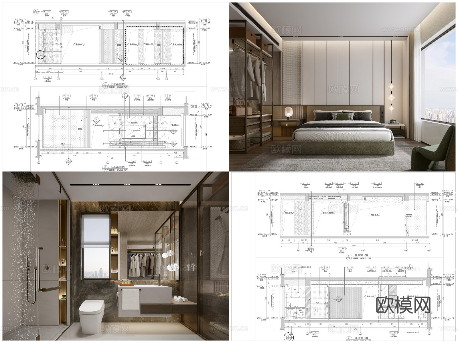3套轻奢样板间平层 最新全套 效果图 施工图设计cad施工图