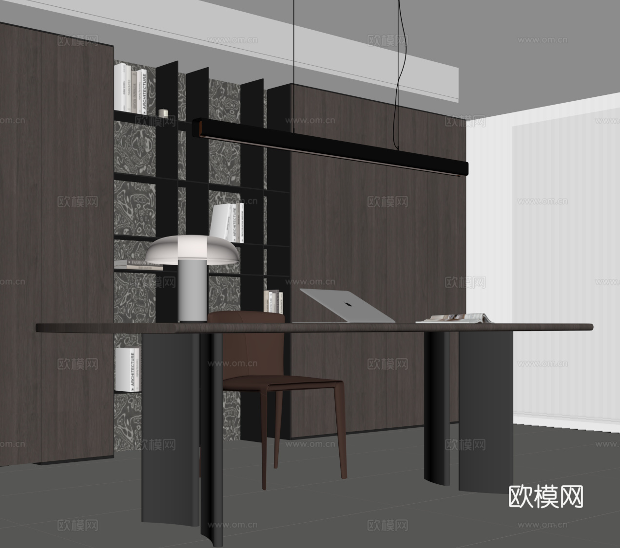 现代意式书房 书桌椅 书柜su模型