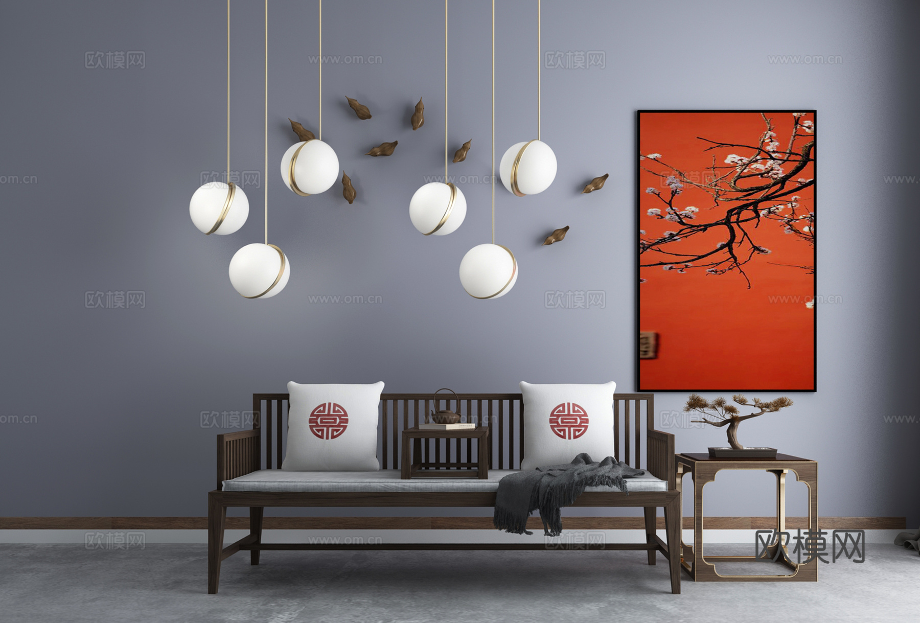 新中式禅意沙发茶几组合3d模型下载（渲染图1）