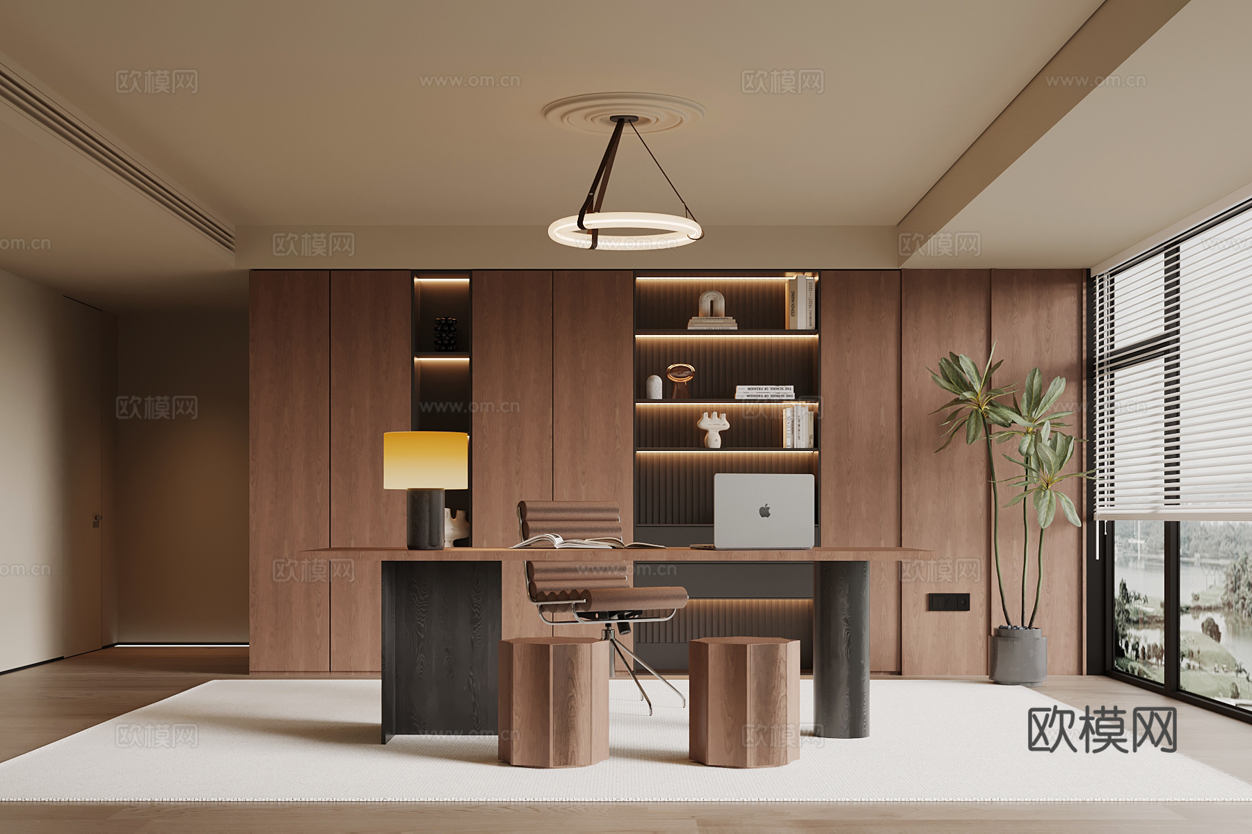 中古风书房 书柜 书桌椅su模型