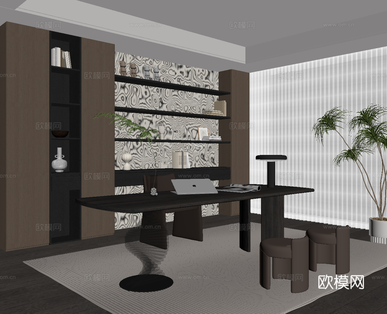 意式书房 书桌椅 书柜su模型