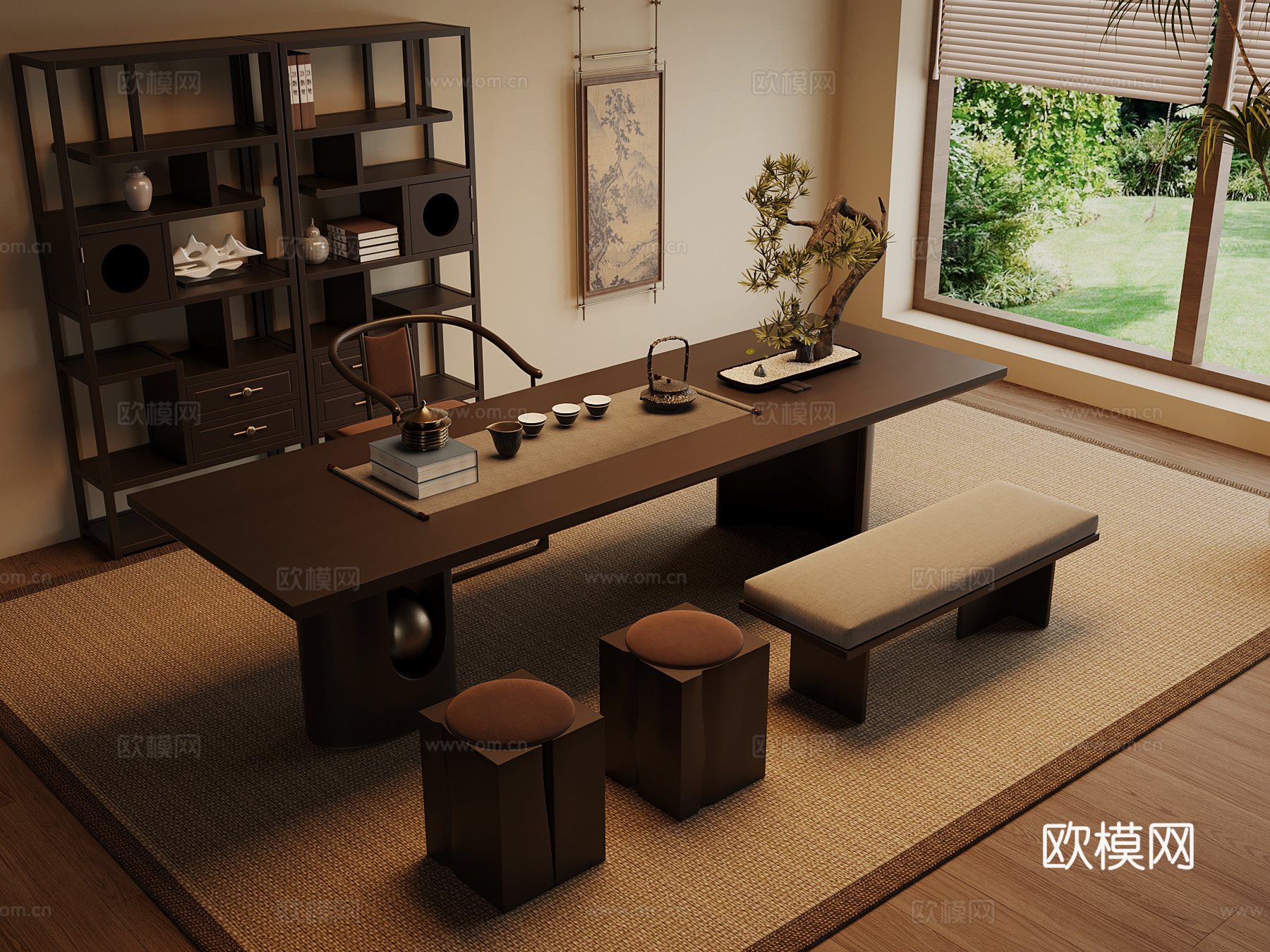 新中式茶室 茶桌椅 博古架su模型