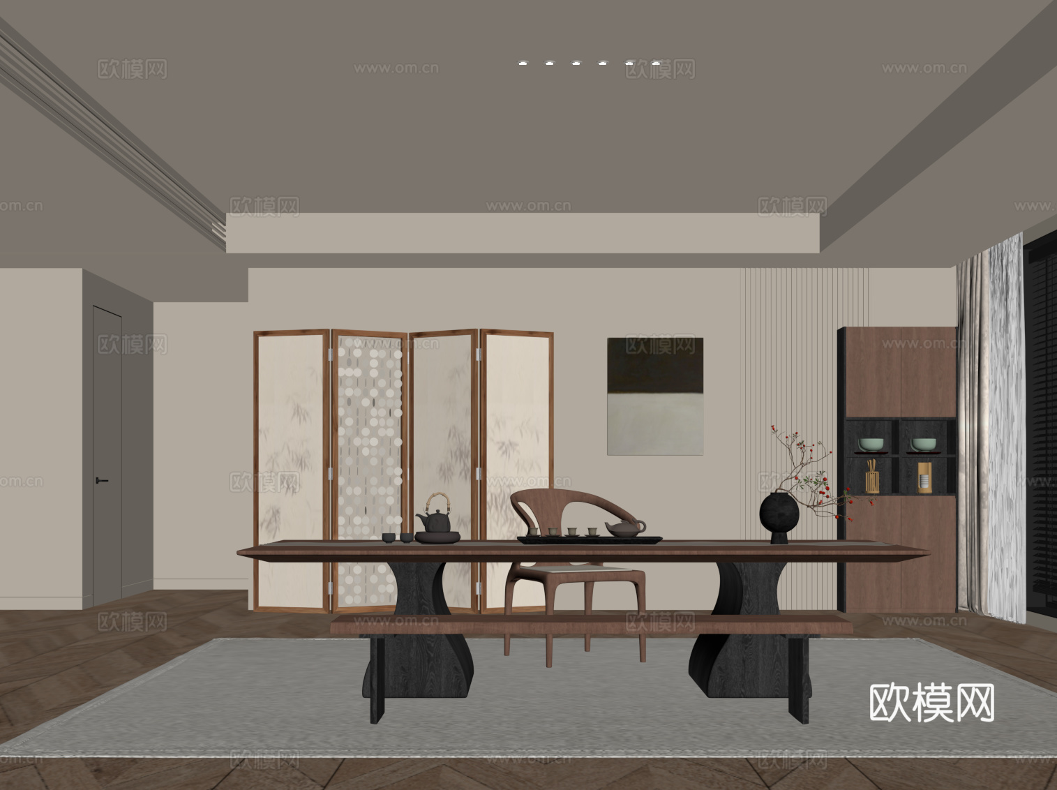 中古风茶室 茶桌椅 茶柜su模型