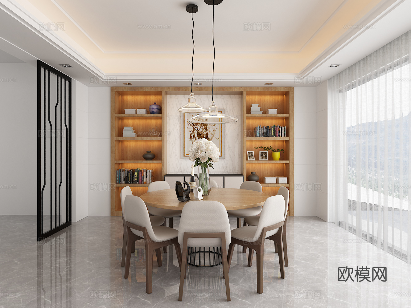 北欧餐桌椅 单椅 酒柜 吊灯3d模型下载（渲染图1）