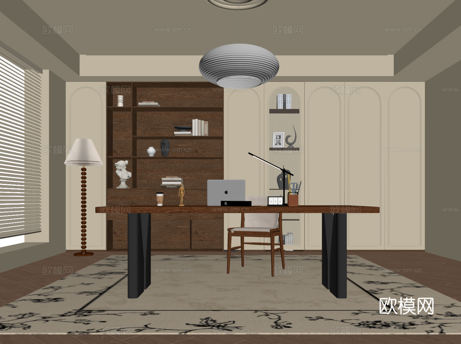 中古风书房 书桌椅 书柜su模型