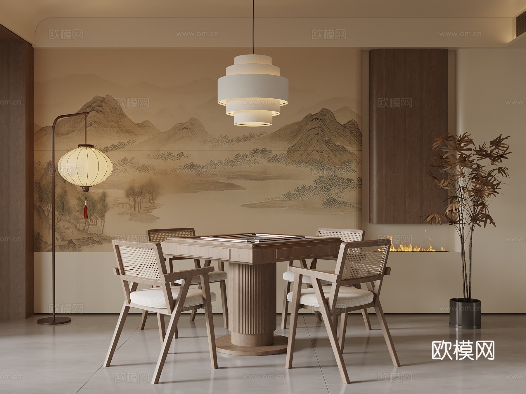 新中式棋牌室 麻将桌su模型