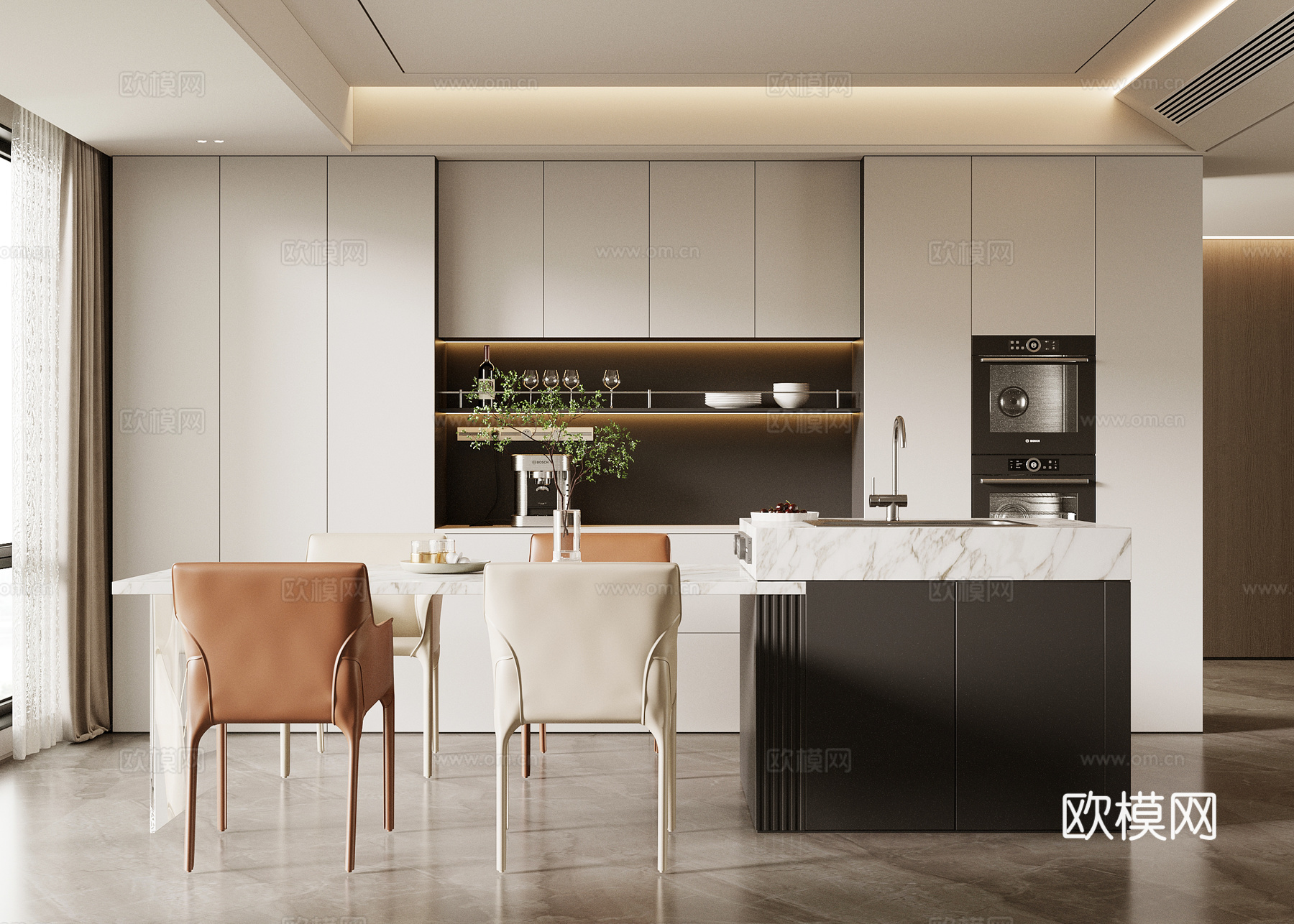 现代餐厅 餐桌椅 岛台 餐边柜su模型
