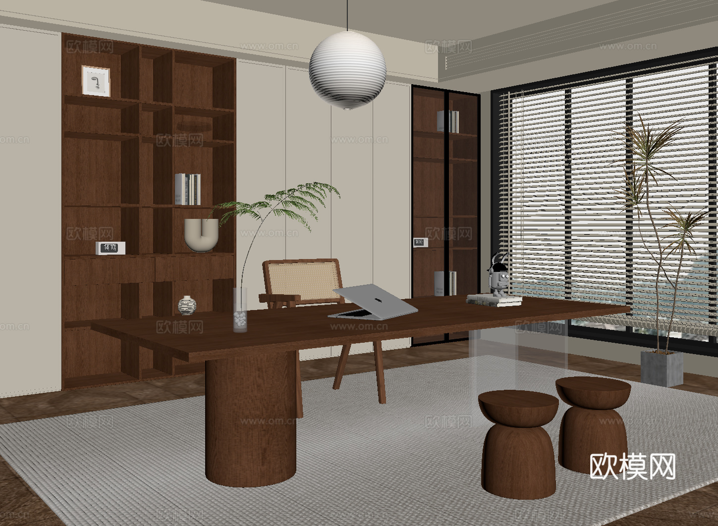 中古风书房 书桌椅 书柜su模型