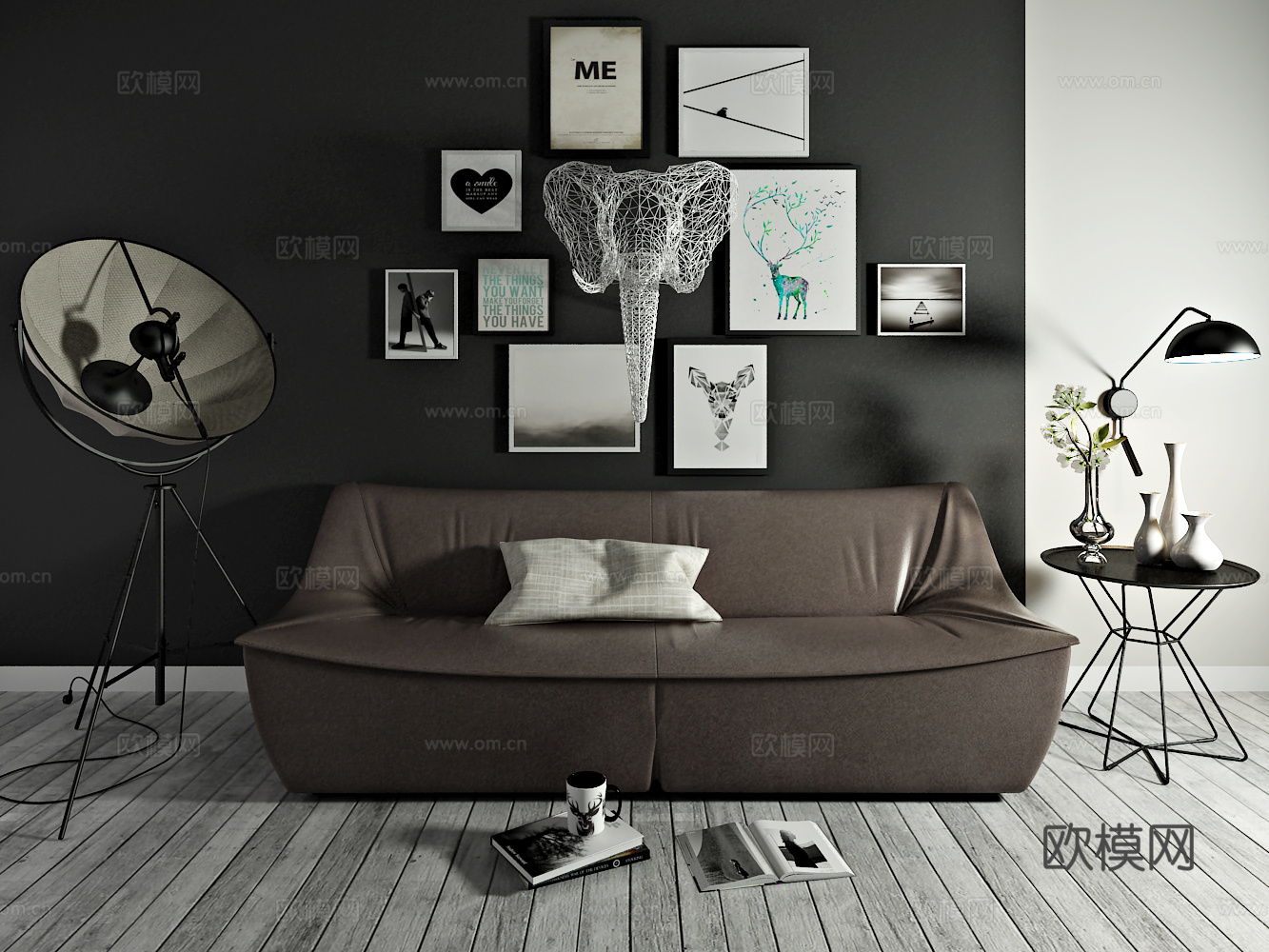 北欧沙发 茶几 装饰画 墙饰3d模型下载（渲染图2）