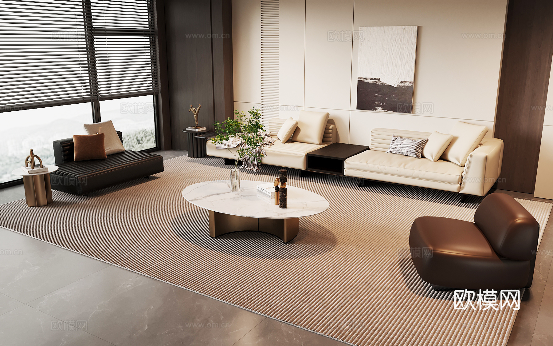 现代意式客厅 沙发茶几组su模型