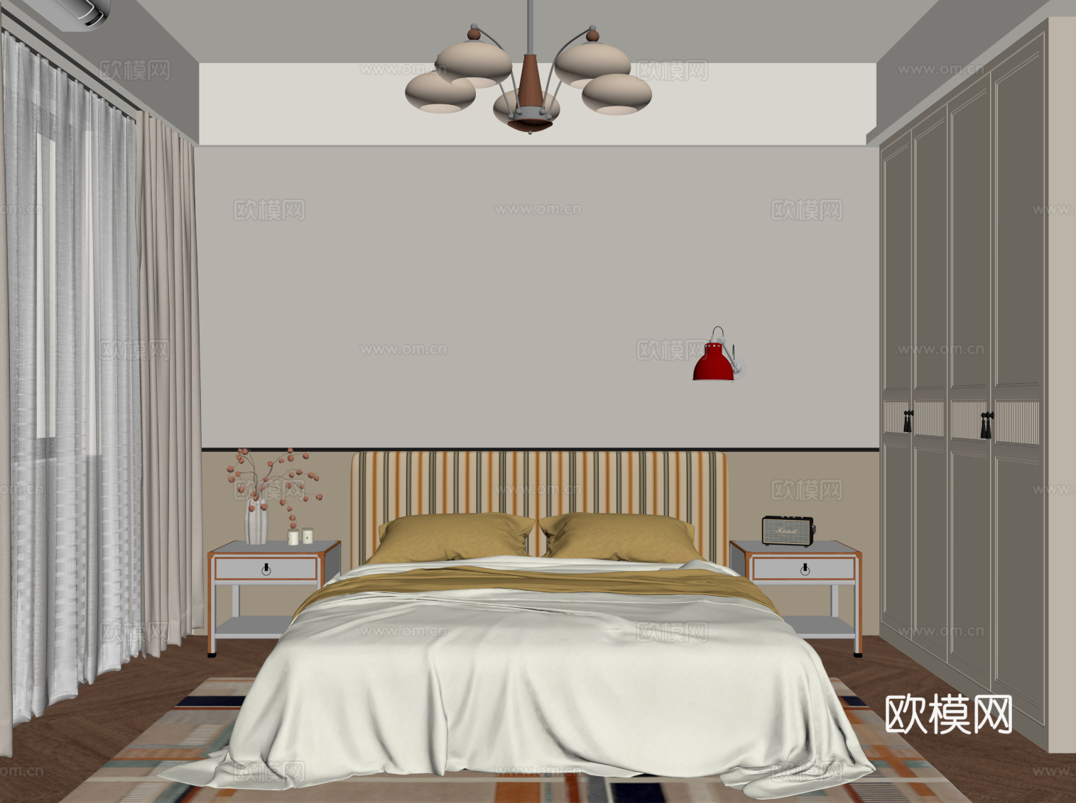 中古风卧室 双人床su模型