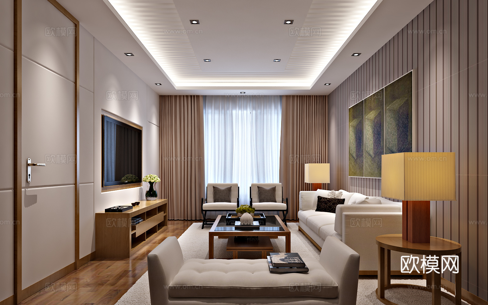 现代客厅 沙发茶几3d模型下载（渲染图2）