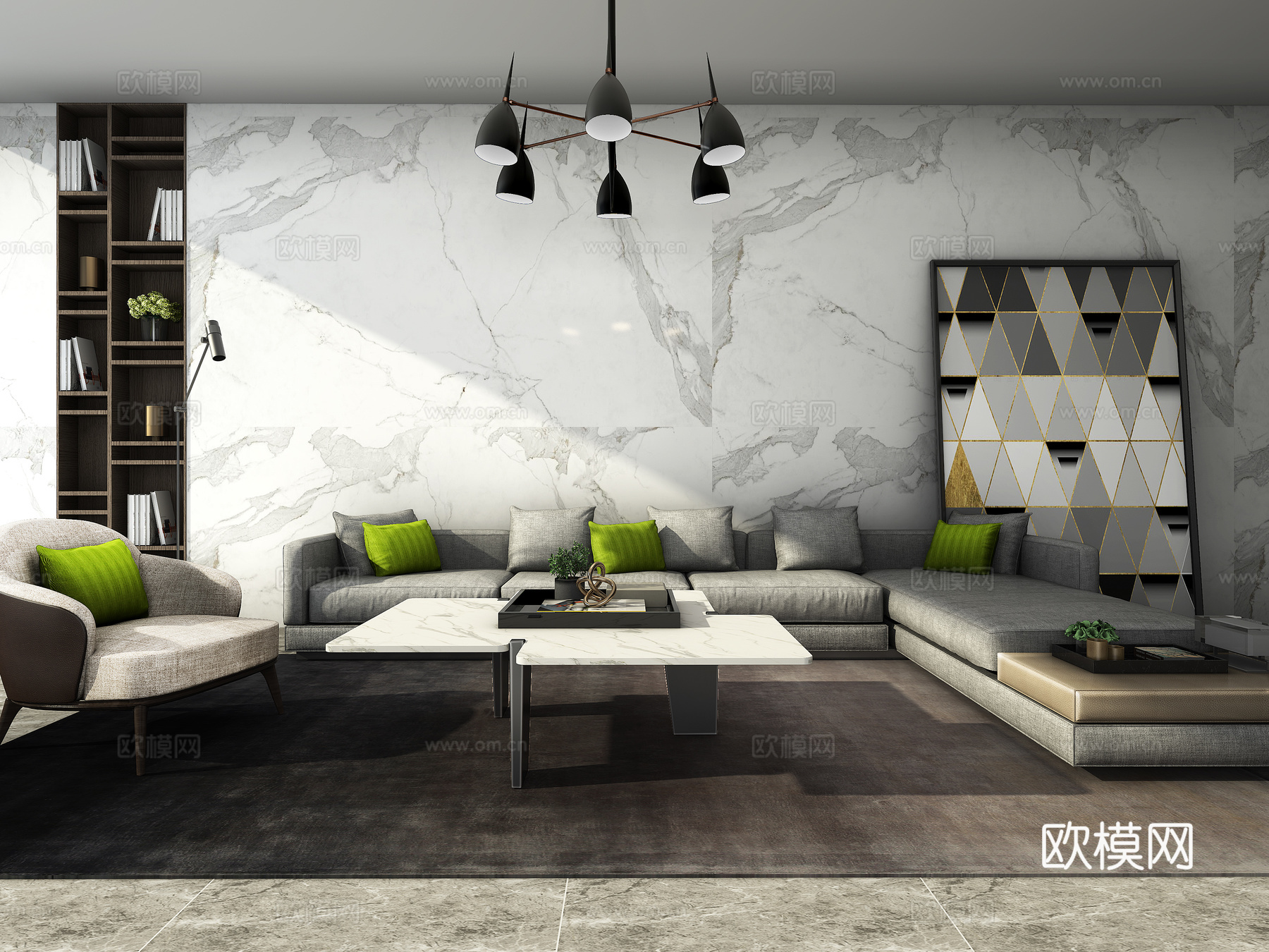 现代沙发茶几吊灯组合3d模型下载（渲染图1）