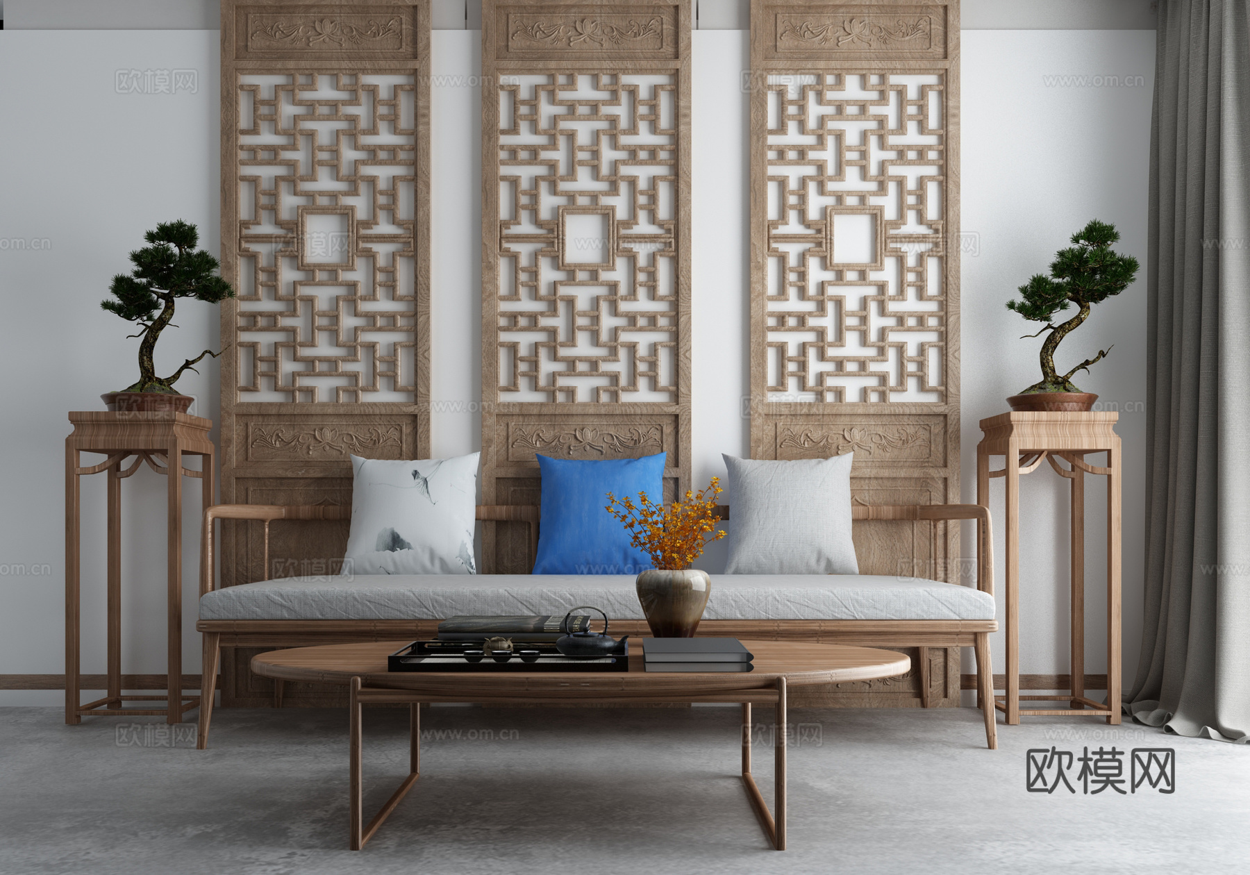 新中式沙发茶几六合门组合3d模型下载（渲染图2）