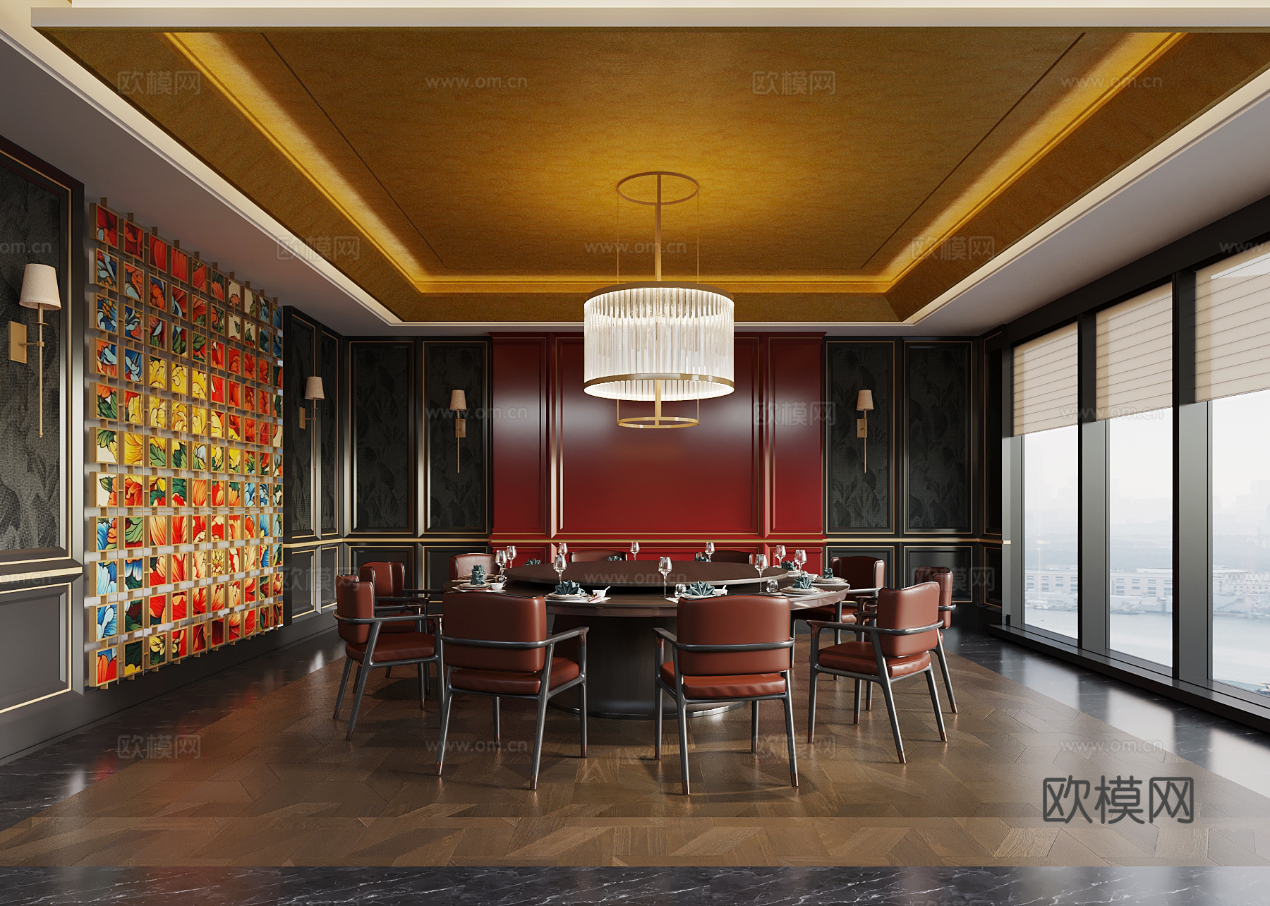 新中式包厢 包间 餐桌椅 法式包间su模型