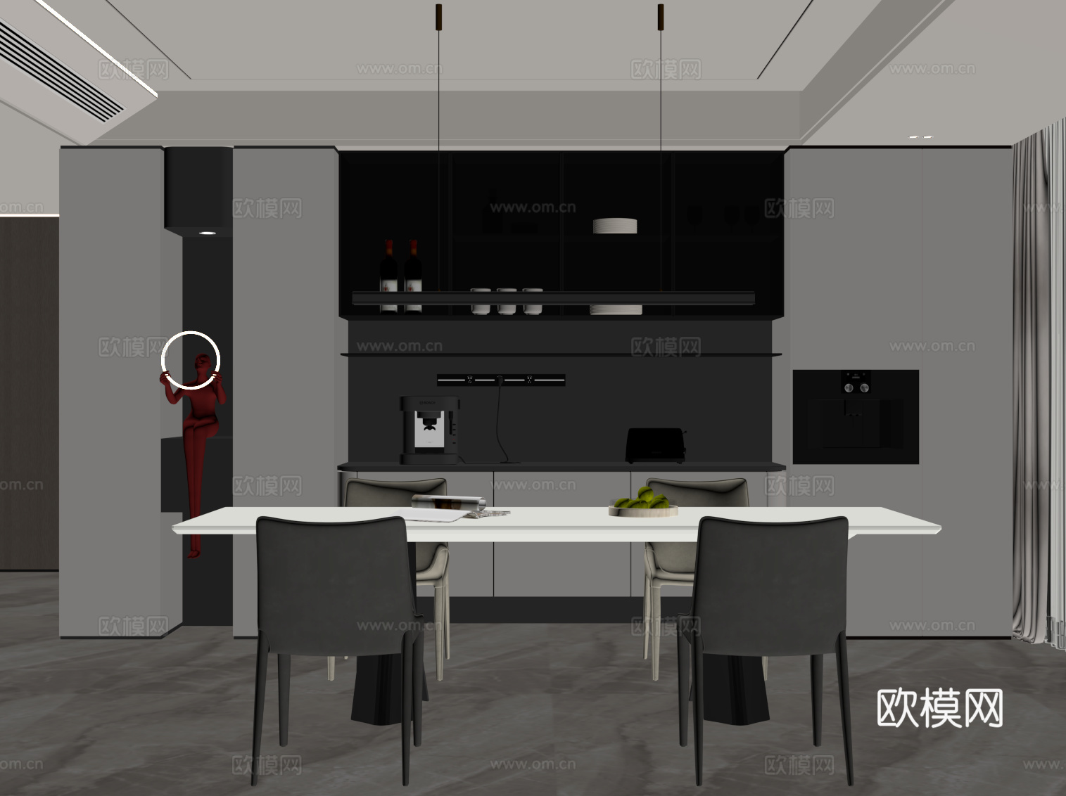 现代餐厅 餐桌椅 餐边柜su模型