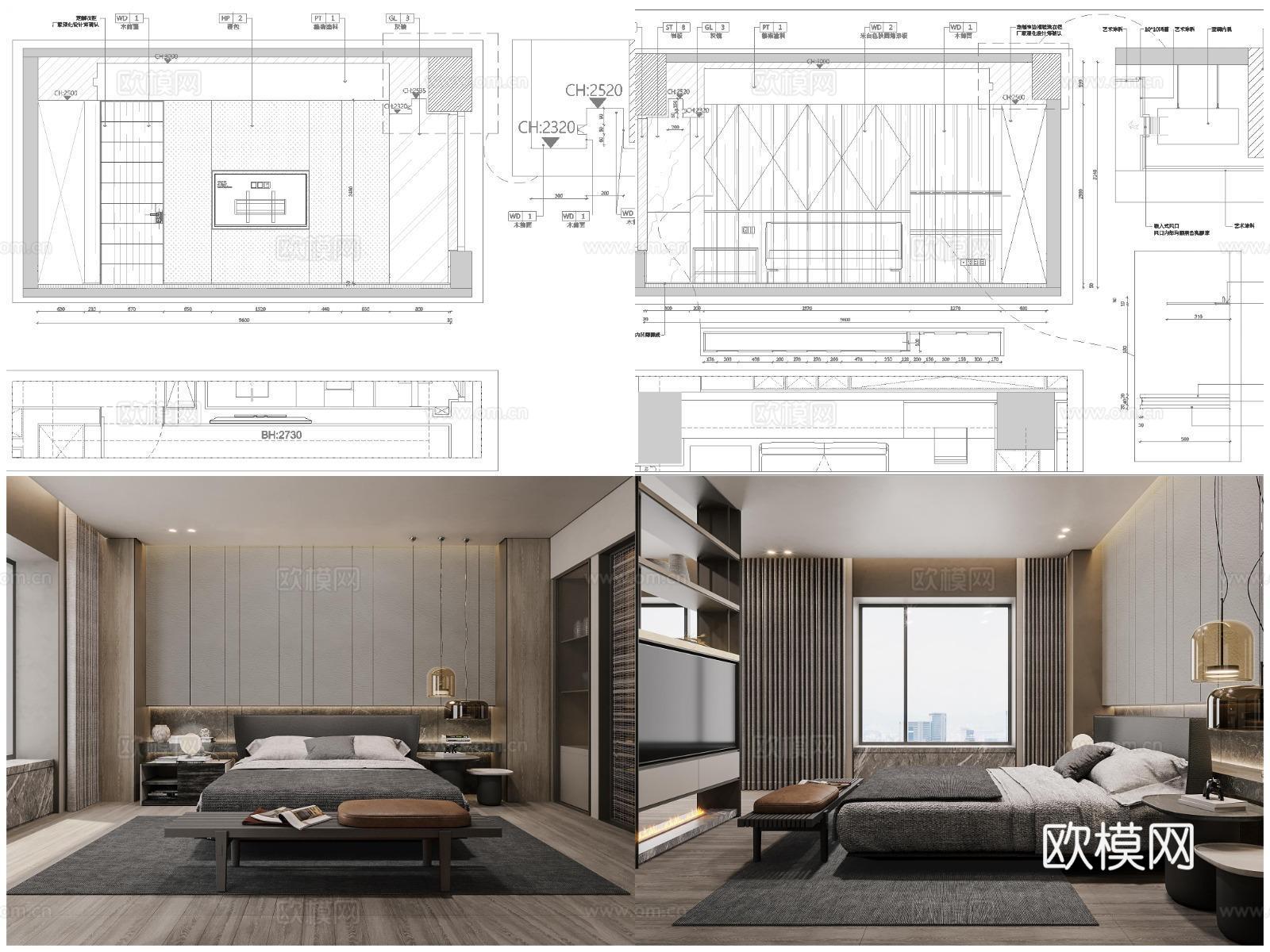 3套轻奢样板间平层 最新全套 效果图 施工图设计cad施工图