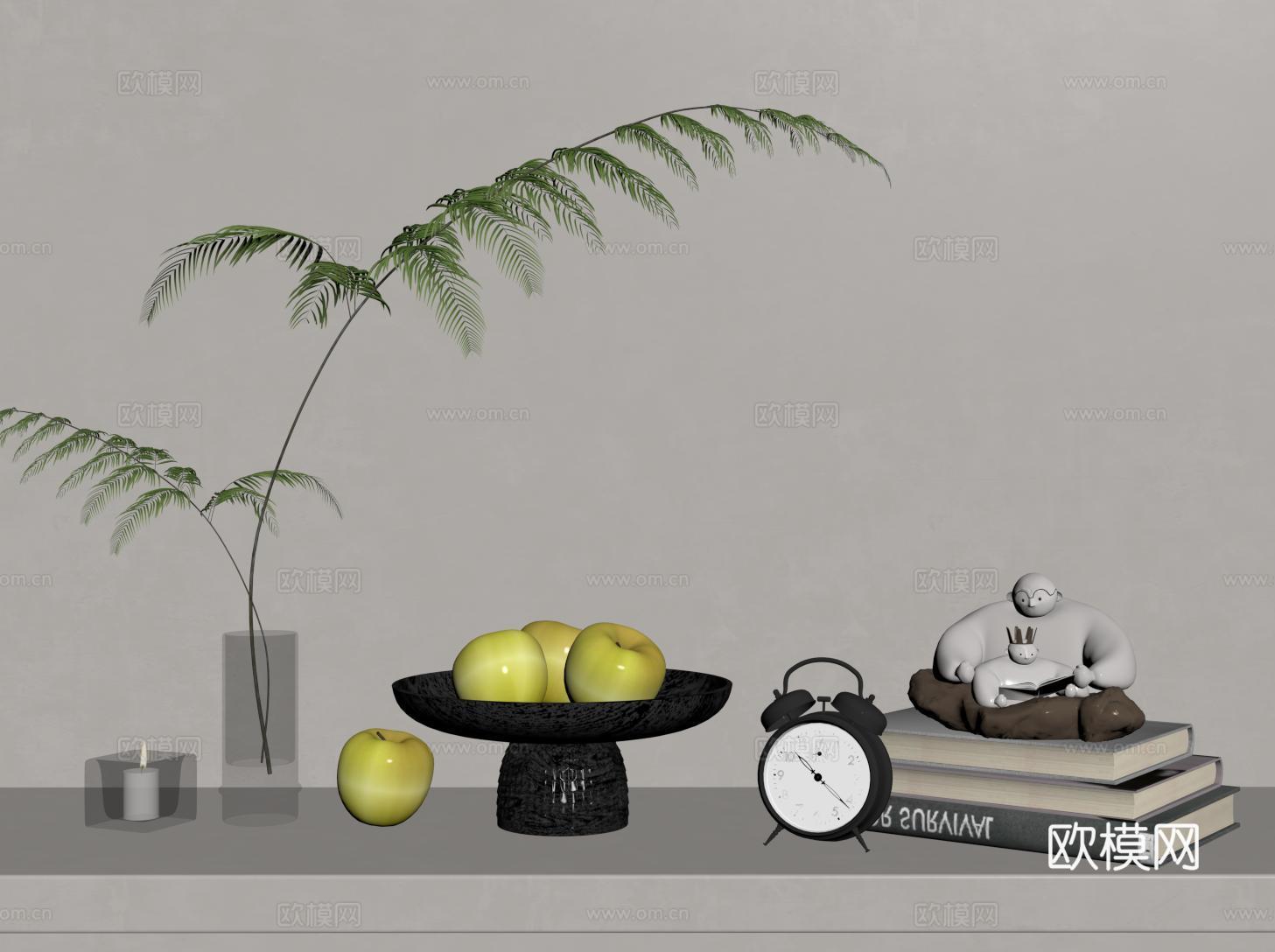 现代奶油装饰品摆件 花艺 水果盘 闹钟 书籍su模型
