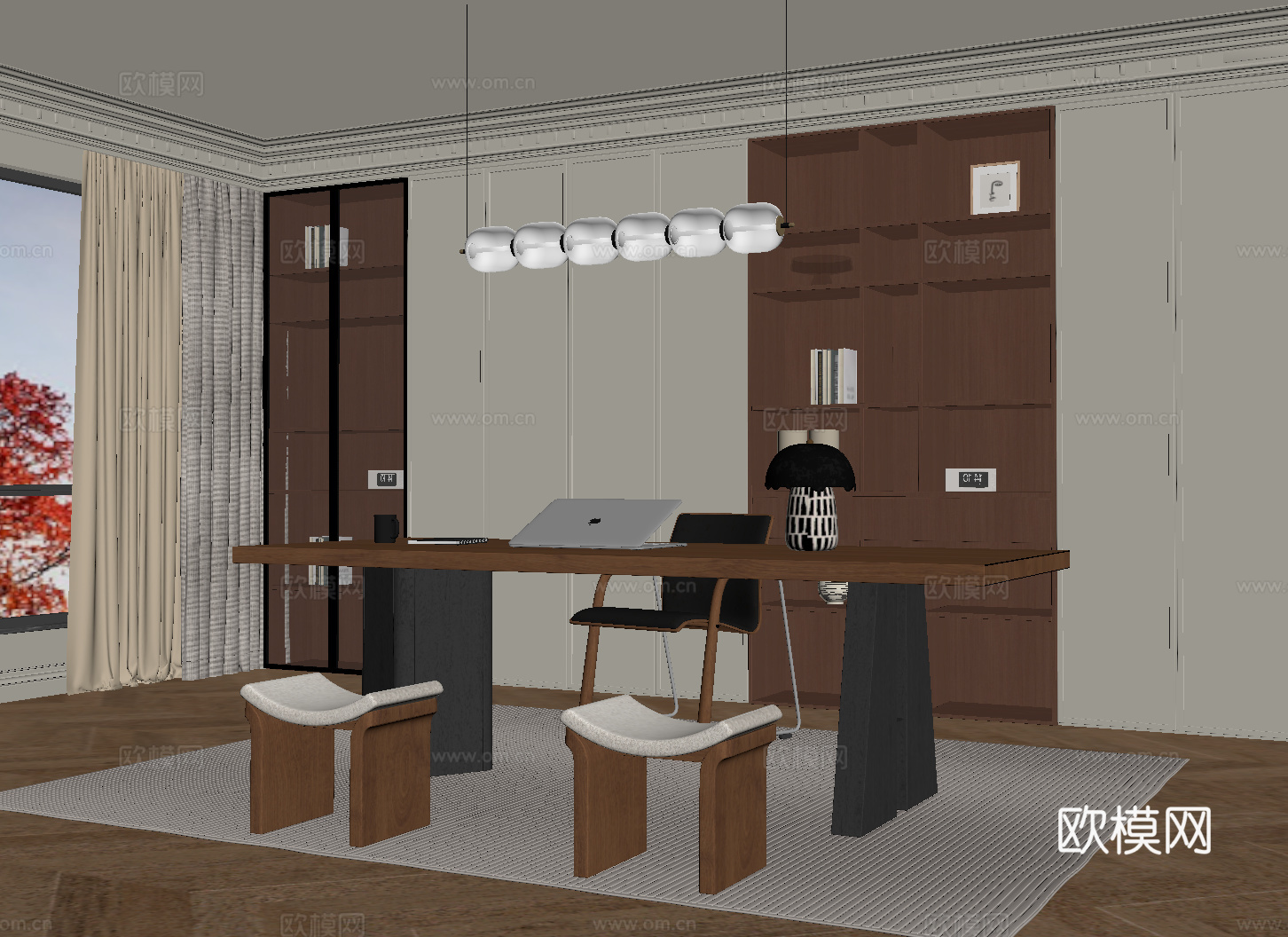 中古风书房 书桌椅 书柜su模型