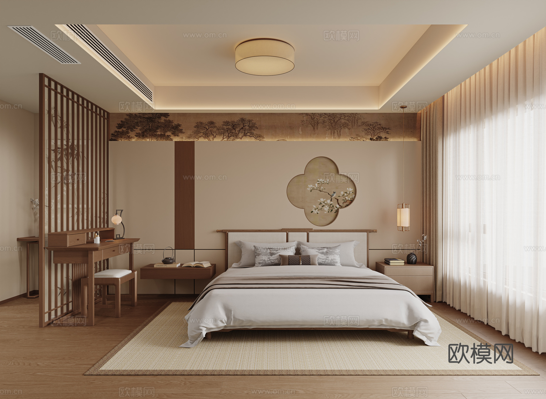 宋式卧室 新中式卧室 主卧室 实木双人床 床头背景墙 床头柜3d模型下载（渲染图1）
