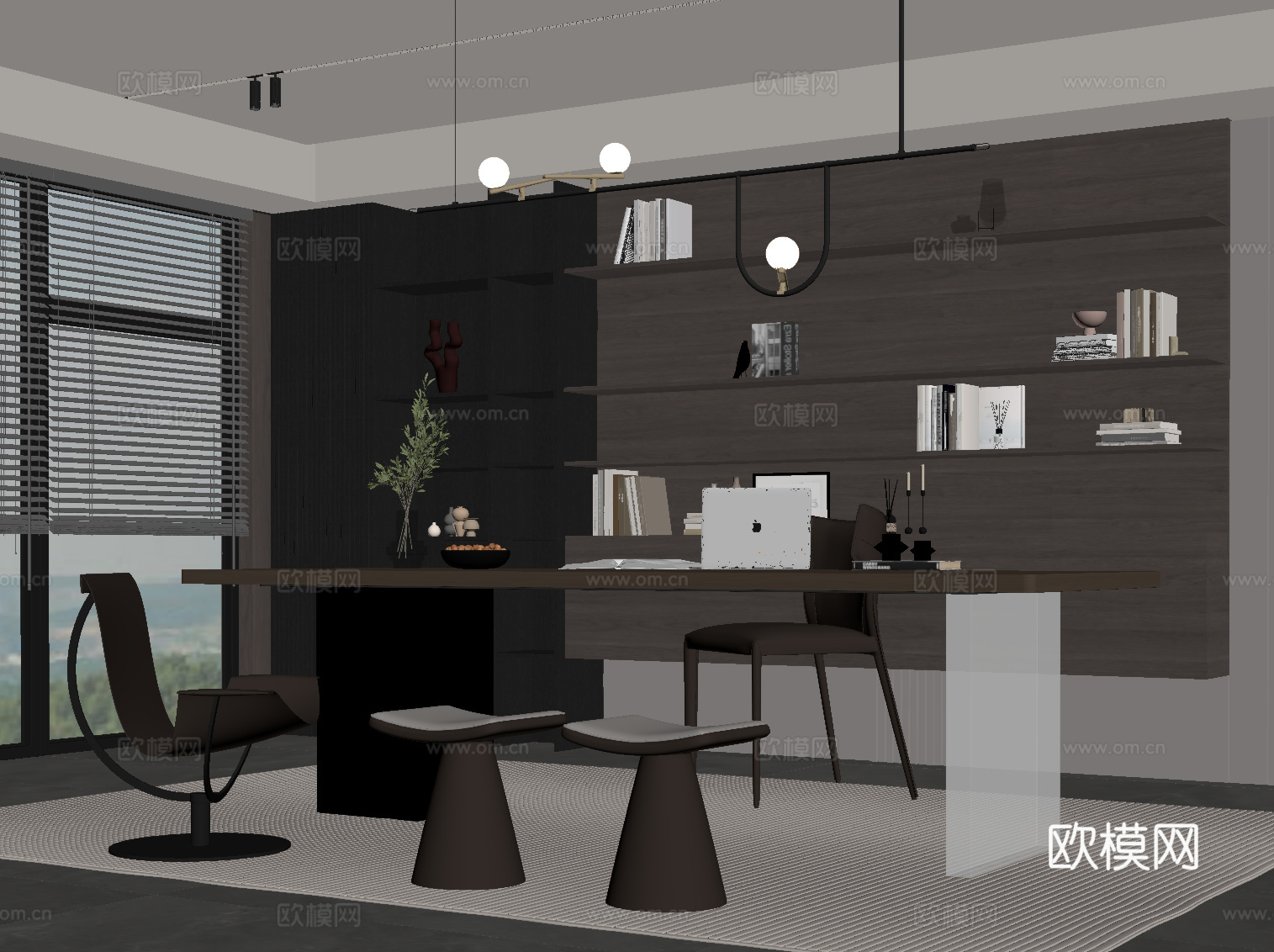现代意式书房 书桌椅 书柜su模型