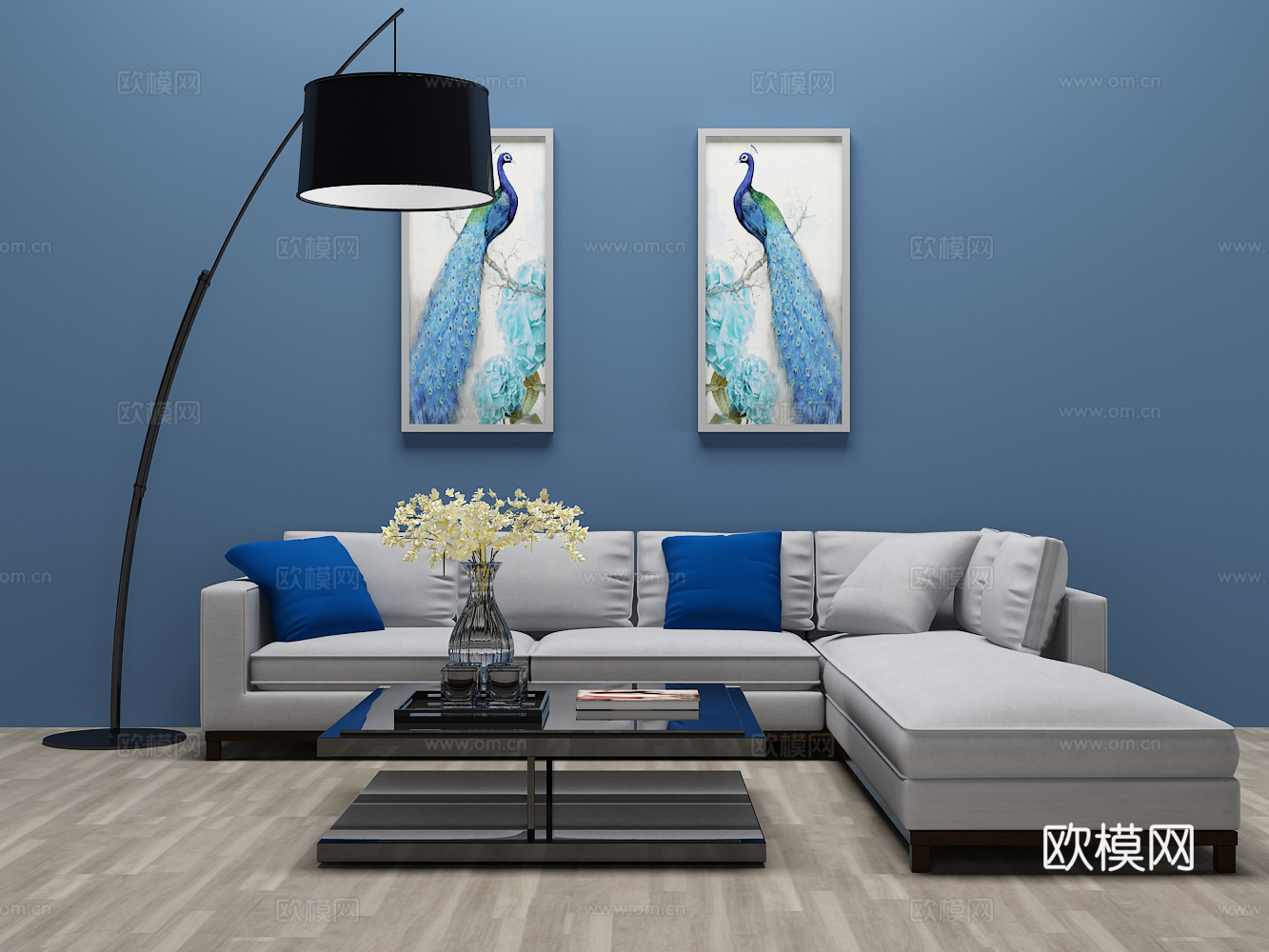 现代沙发 茶几 装饰画3d模型下载（渲染图1）