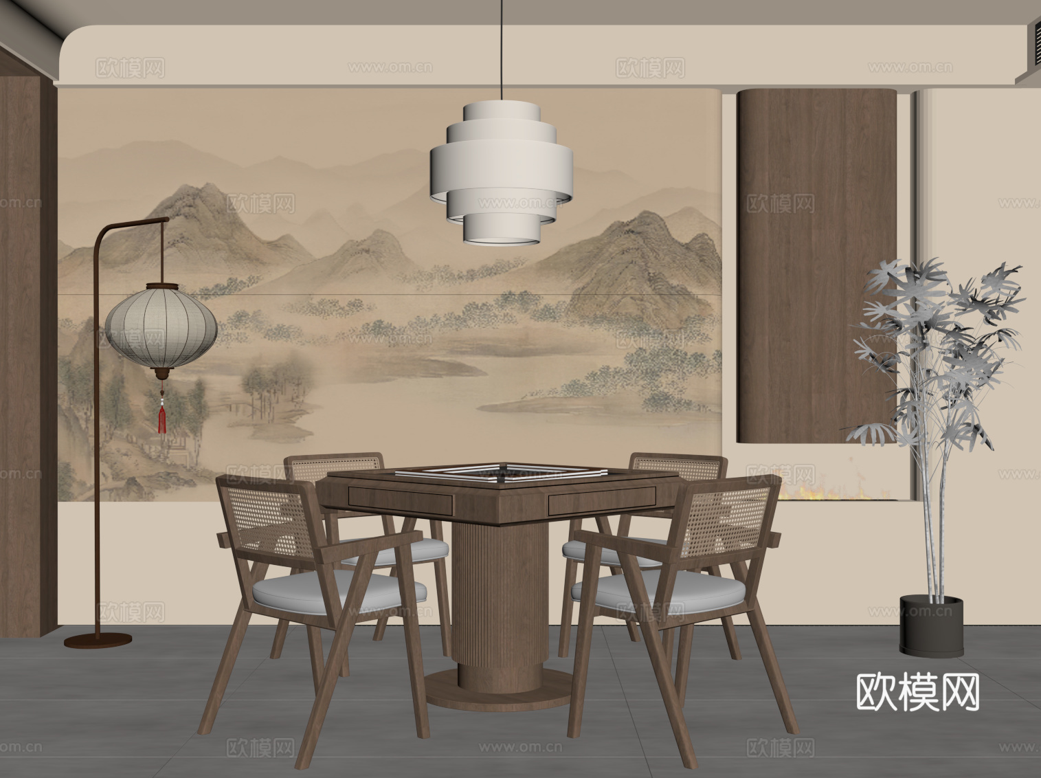 新中式棋牌室 麻将桌su模型