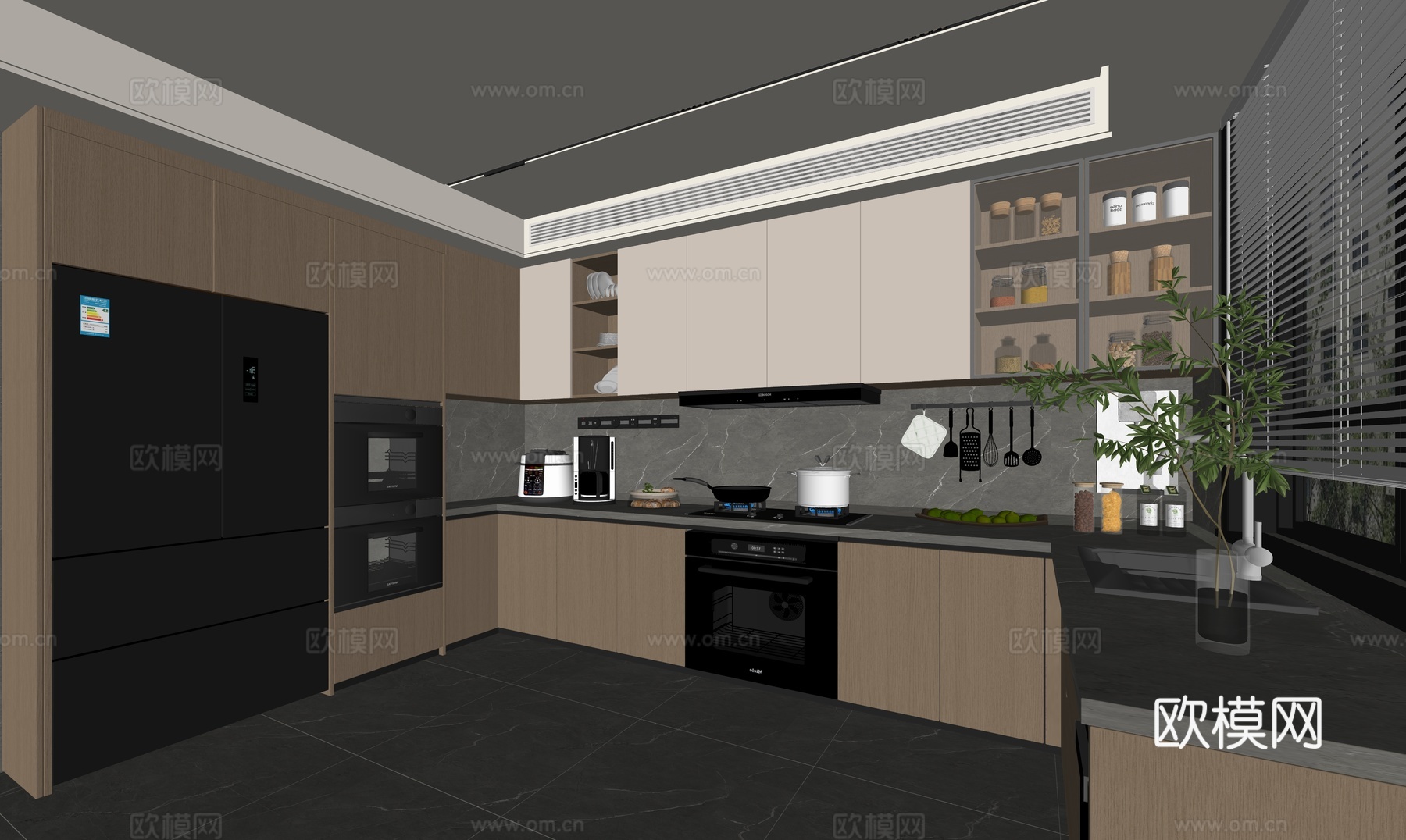 现代意式封闭式厨房 厨具 厨房用品 冰箱 厨房电器 橱柜su模型