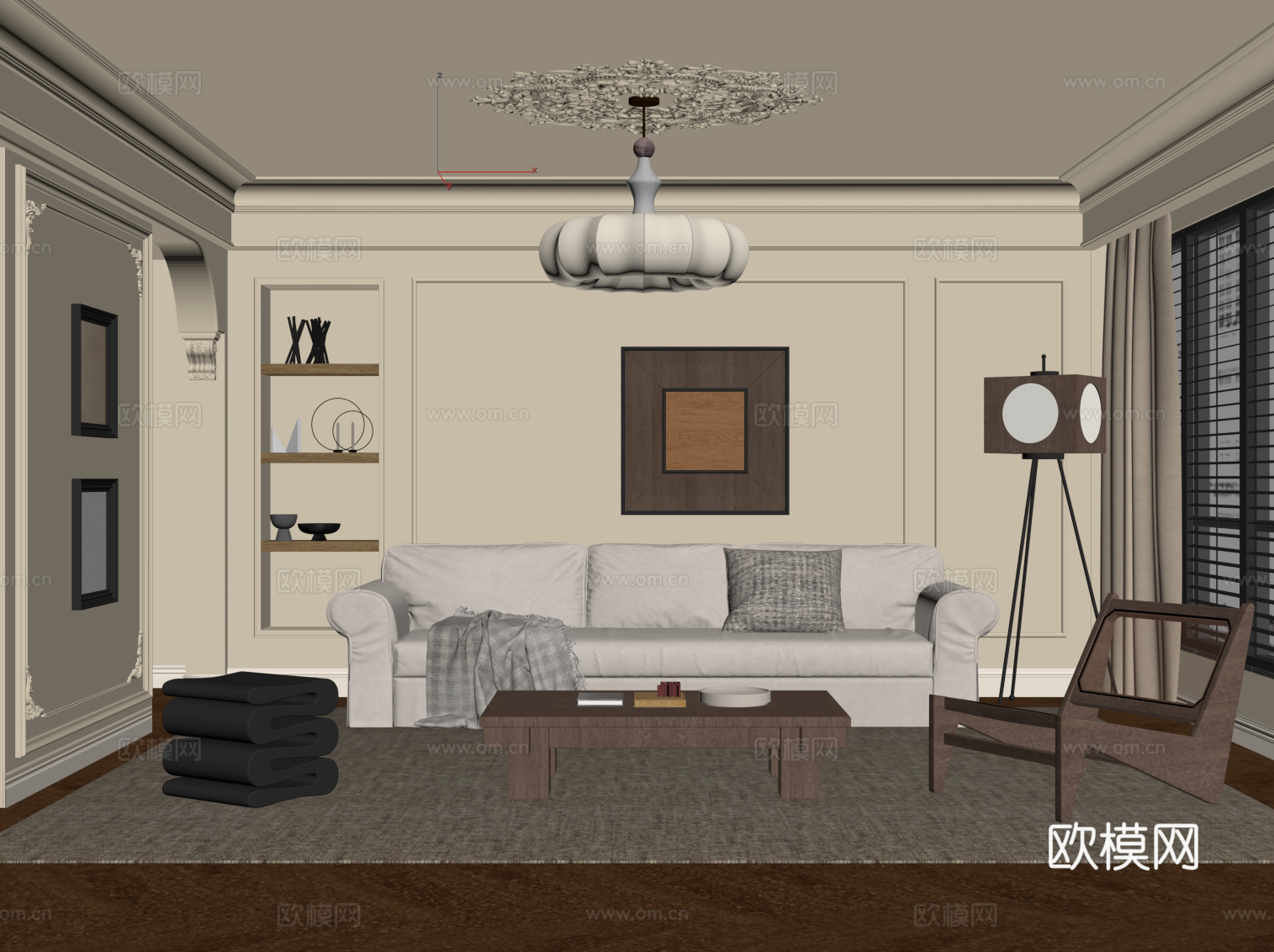 中古风客厅 沙发茶几组合 背景墙su模型