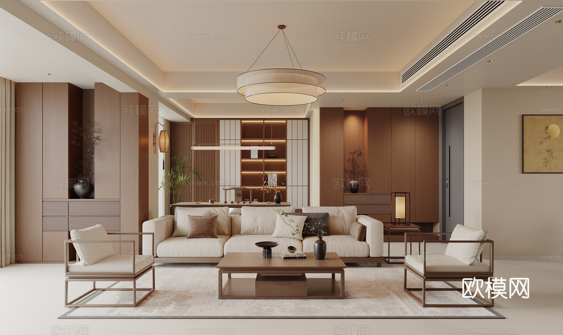 宋式美学客厅 新中式客厅 沙发茶几组合宋式茶室 电视背景墙su模型