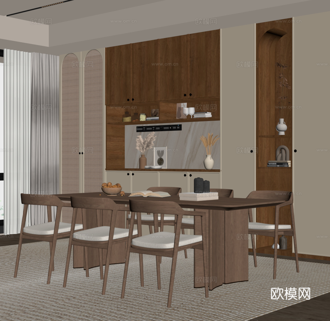 中古风餐厅 餐桌椅 餐柜su模型