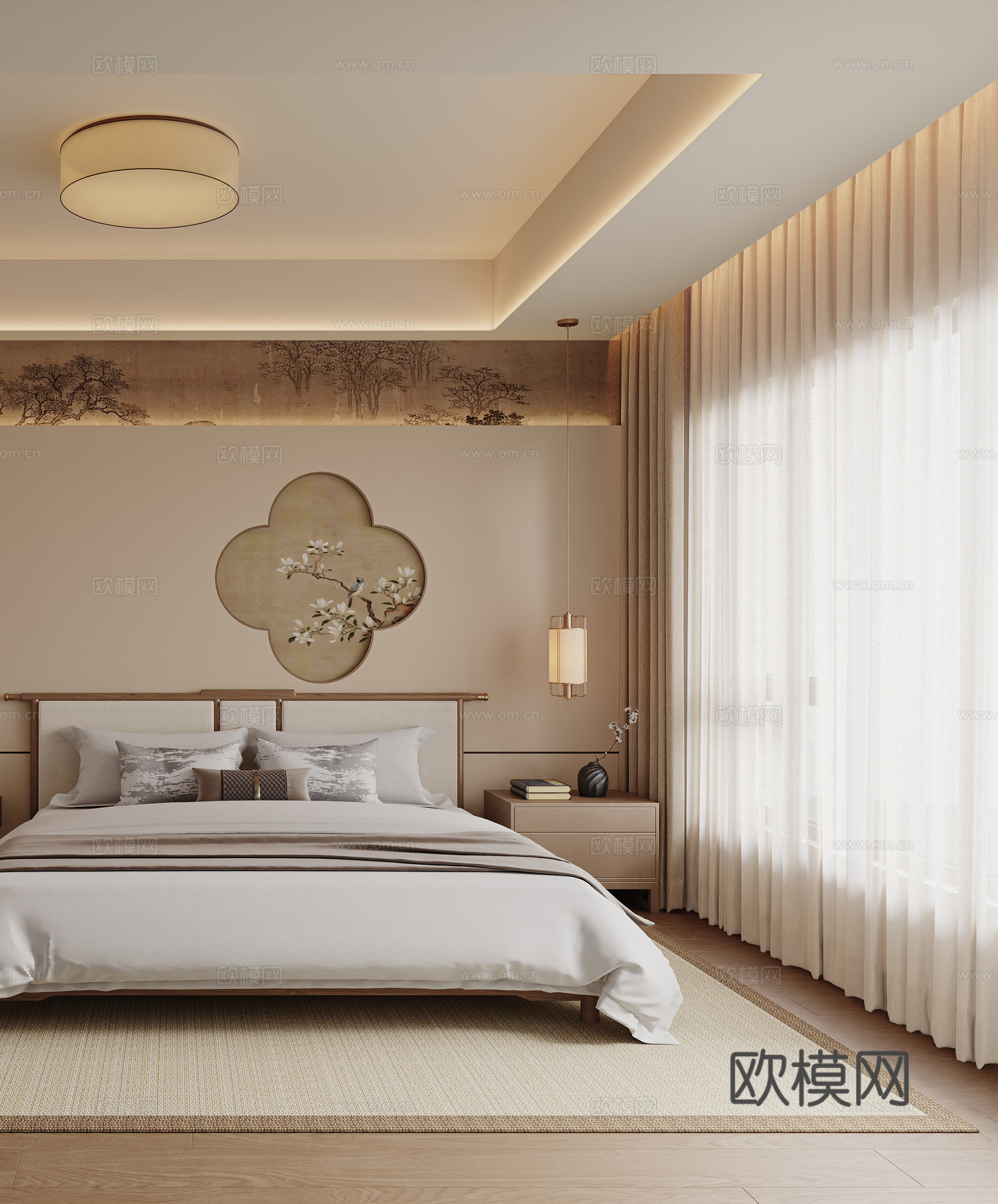 宋式卧室 新中式卧室 主卧室 实木双人床 床头背景墙 床头柜3d模型下载（渲染图3）