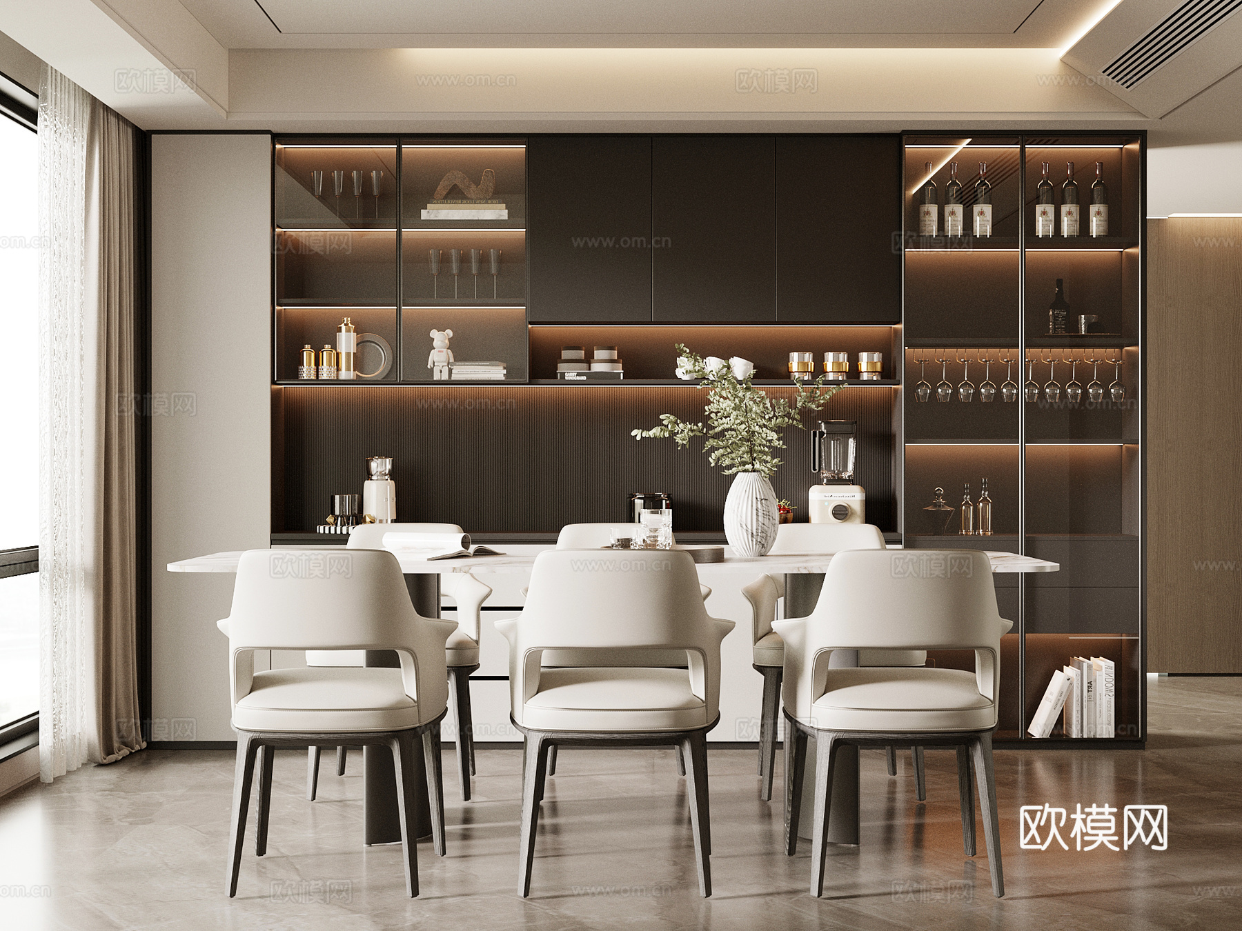 现代餐厅 餐桌椅 酒柜 餐边柜su模型